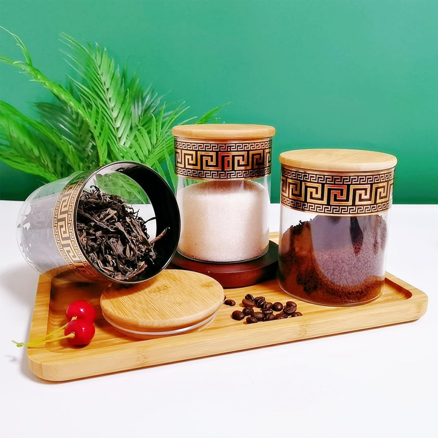 Kuber Industries Borosilicate Glass Containers with Bamboo Lid and Tray|Kitchen Organizer Items and Storage|Multipurpose Airtight Containers|3 Pieces Kitchen Containers Set-850ml Each