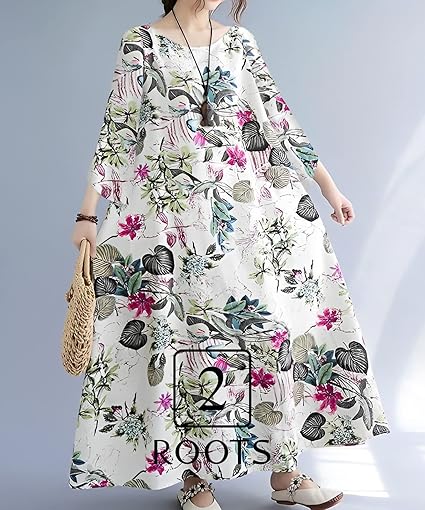 Plantation コットン リネン ボタニカル柄ワンピース 新品 ボタニカル柄ワンピース コットンリネン ナチュラル M〜L