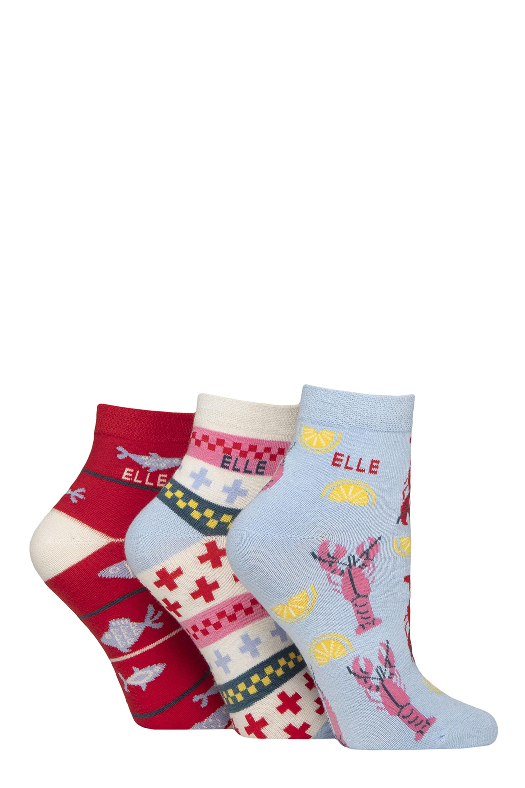 Elle Ladies Cotton Anklet Socks - Soft, Short, Plain, Striped & Patterned with Hand Linked Toes Multipack of 3 Size 4-8 (UK, Numeric, 4, 8, Regular, Regular, Seafarer Patterned)