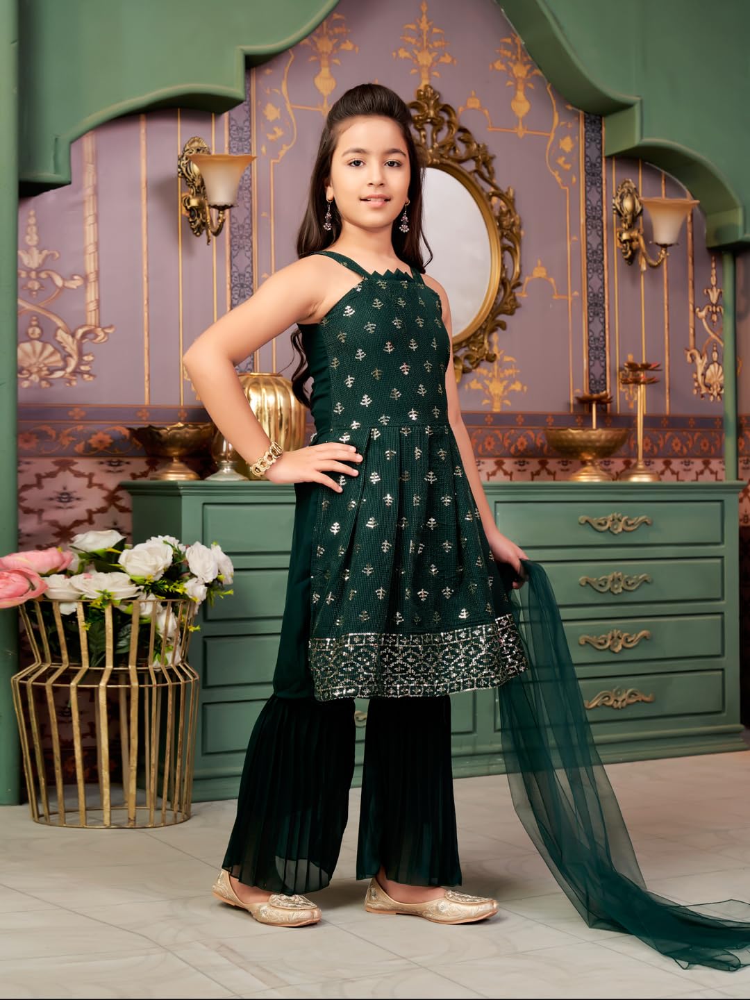 Aarika Girls Ethnic Wear Green Colour Sequin Embroidery Georgette Kurta Sharara Set With Dupatta-3-13 Years (Sh-Shm-5002)
