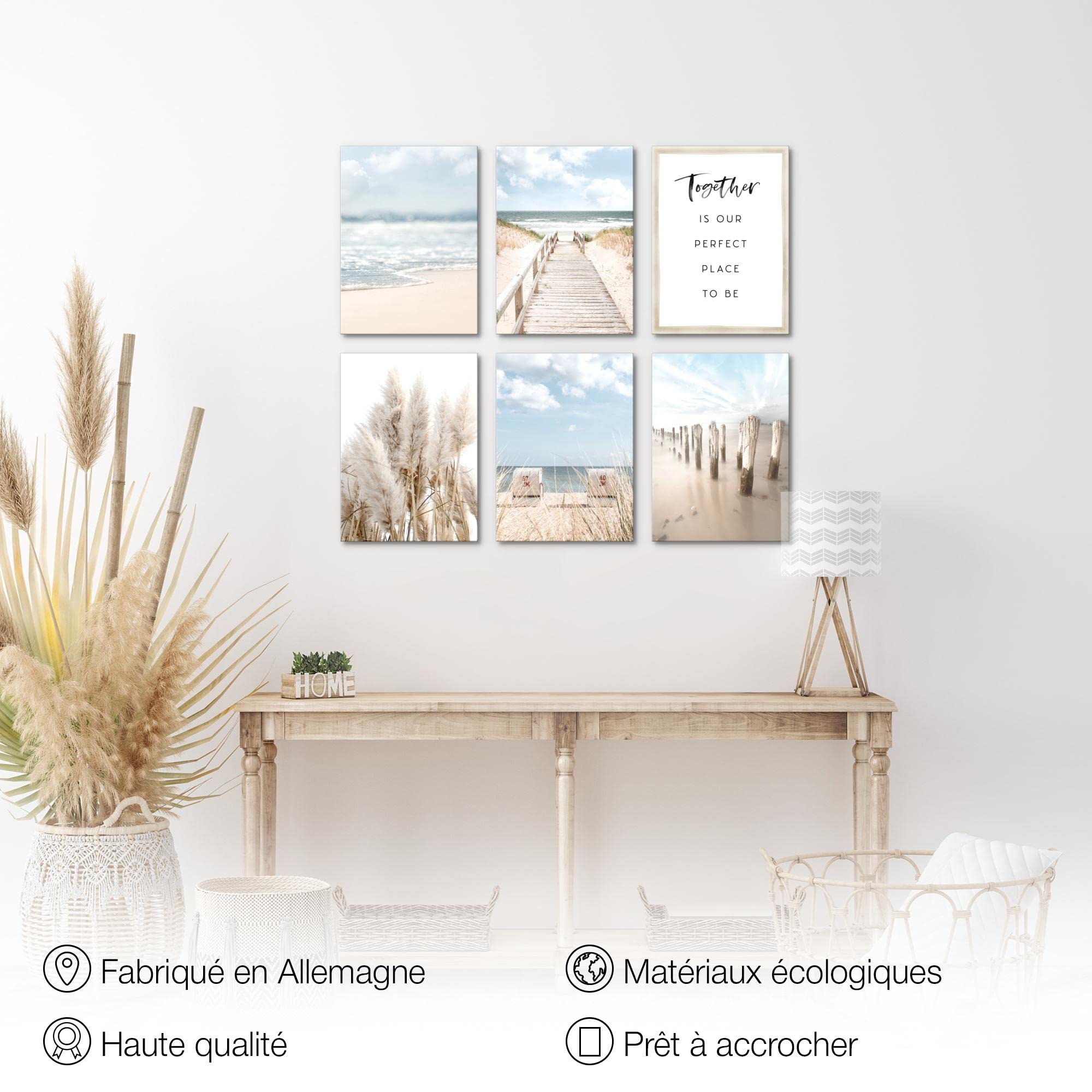 Novart- Tableau Décoration Murale- Plage et Mer- Decoration Chambre Salon- Prêt à être Accroché- 6 Cadres de 30x40 cm- Beige- N007865a