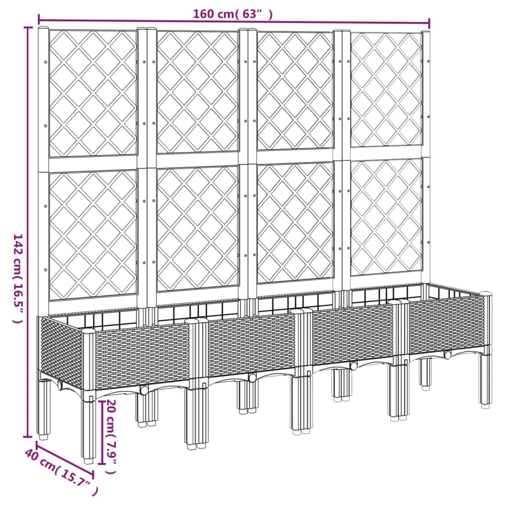 Jardinera con enrejado marrón 160 x 40 x 142 cm, maceta elevada de polipropileno para jardín, balcón y terraza, robusta jardinera con aspecto de ratán para verduras y plantas trepadoras