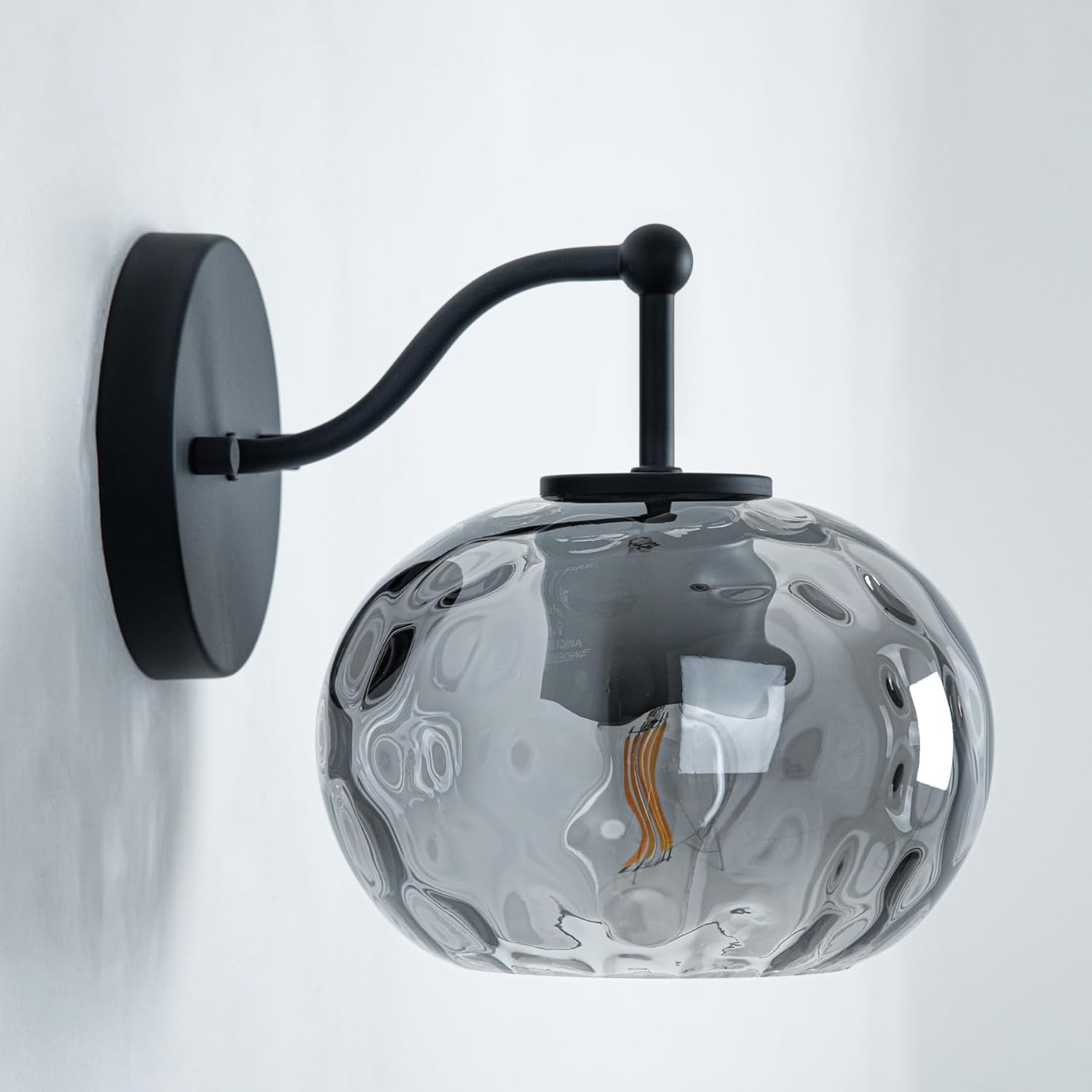 Matte Black Wall Sconce Light Smoked Hammered Glass Vanity Lighting Modern Grey Shade Wall Lamp for Bathroom Over Mirror