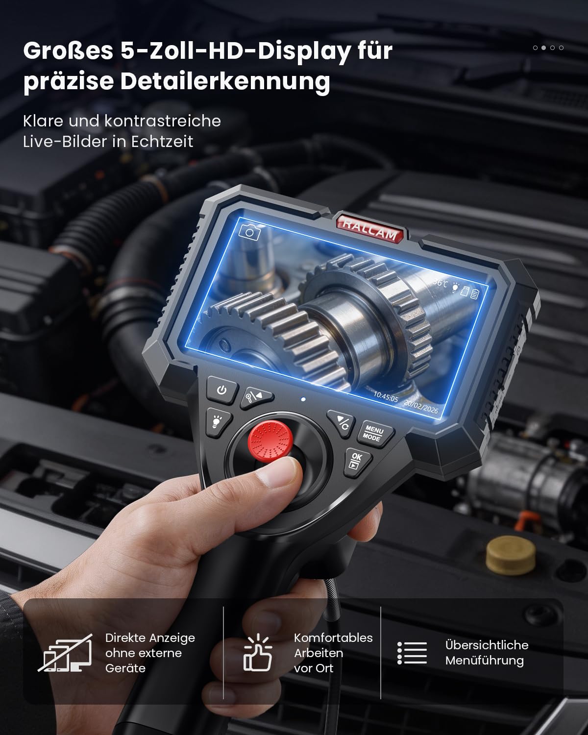 Ralcam Endoskopkamera mit Licht, Endoscope Camera mit 360° beweglichem Kopf, 6.2mm Sonde, 5" HD Bildschirm, IP67 Inspektionskamera, 1,5M Halbstarres Kabel, Rohrkamera für Auto & Haus