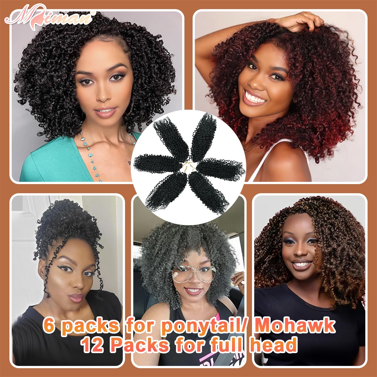 MIMAN 6 Packs 10 Inch Pre-looped Yanky Twist Crochet Hair Braids for Women Synthetic Natural Black Curly Mini Spring Passion Twist Crochet Hair Extensions for DIY Mohawk Braided Ponytail Hairstyle