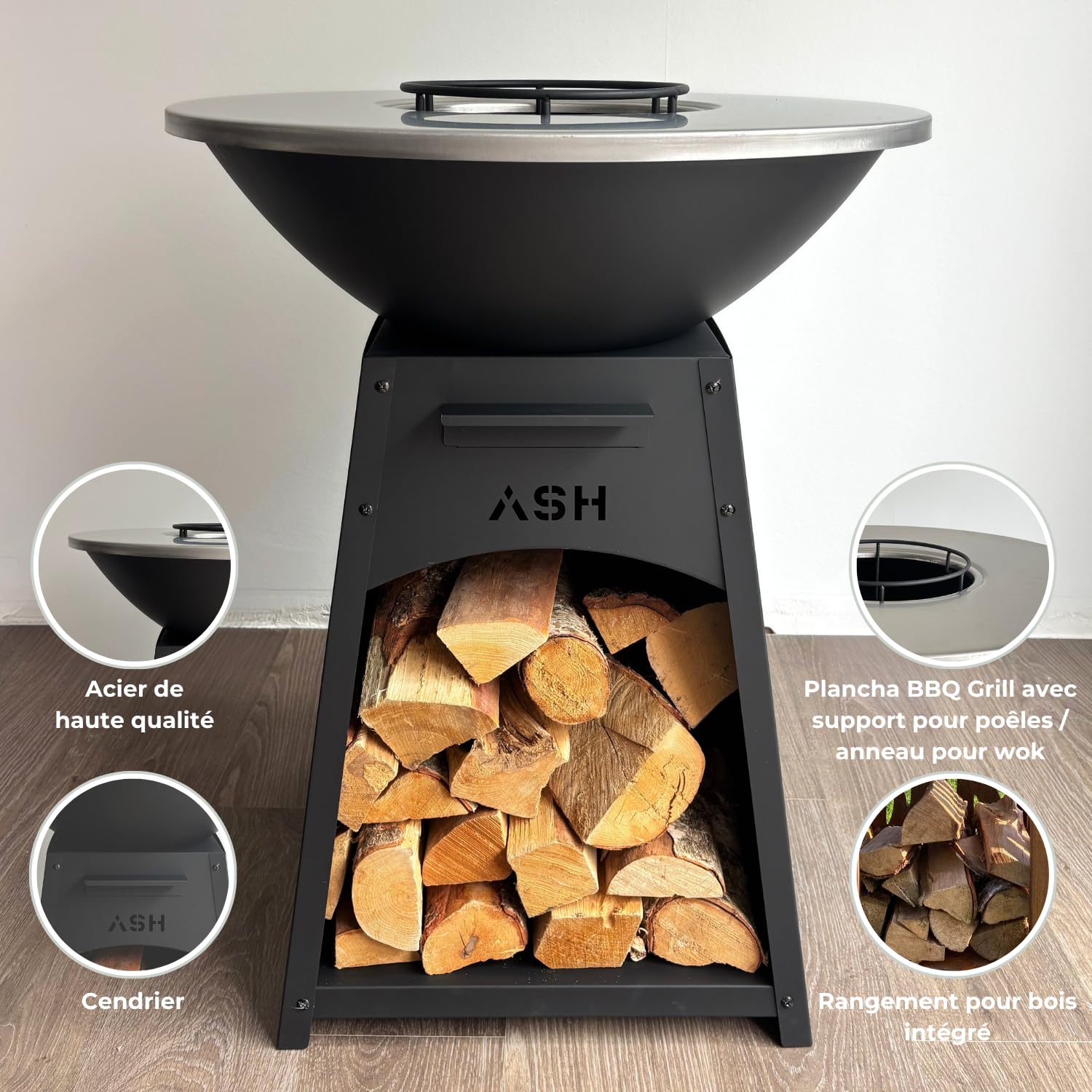 Plancha - BBQ - Grill - Brasero - Plaque de cuisson - Extérieur - Plancha - Anneau de barbecue - ASH NOVA Large - Cheminée de jardin - Barbecue - Rangement du bois - Aspect luxueux - Plaque de cuisson