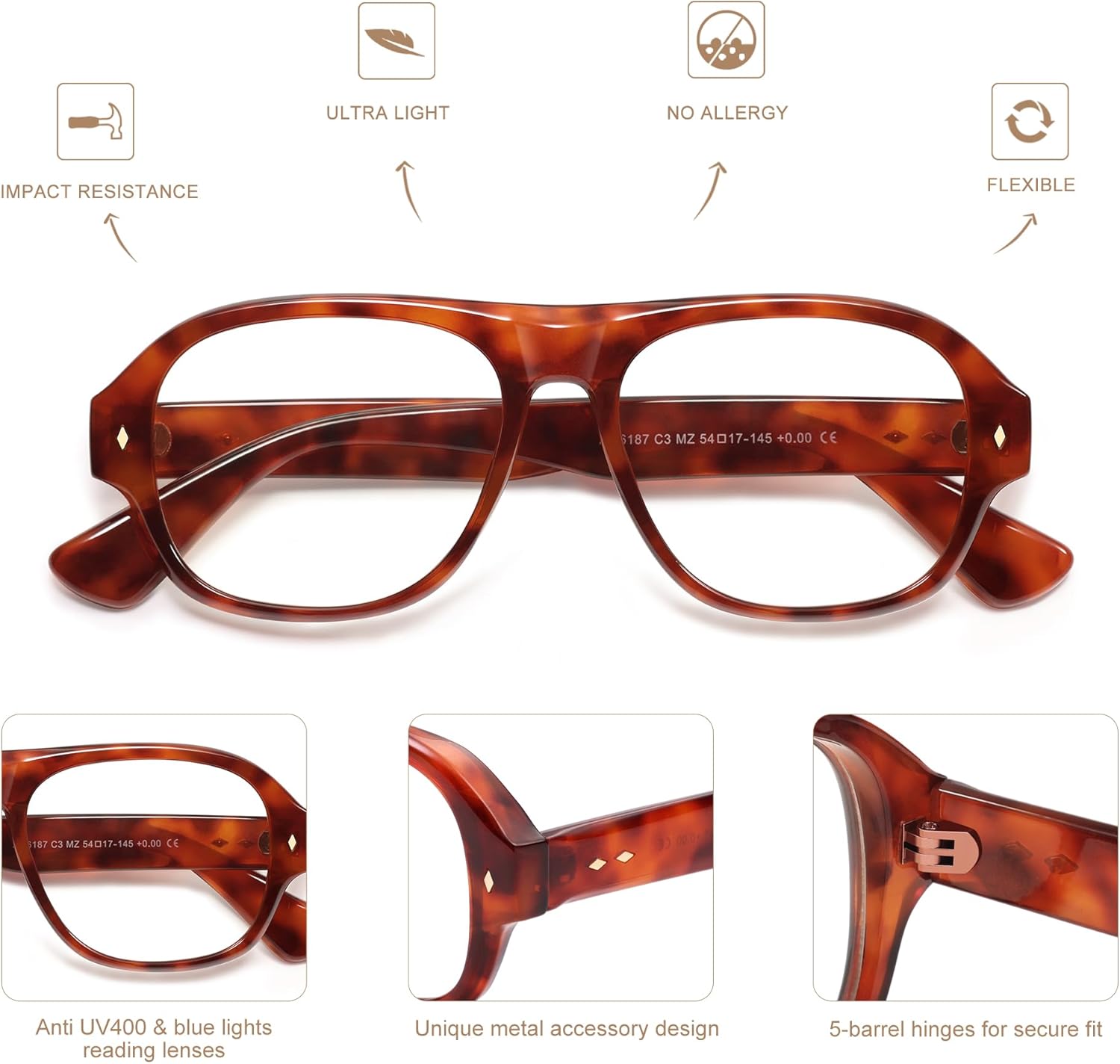 AMOMOMA 2 Pack Retro Square Aviator Reading Glasses for Women Men,Blue Light Pilot Computer Reader Frame AM6187 - Image 5