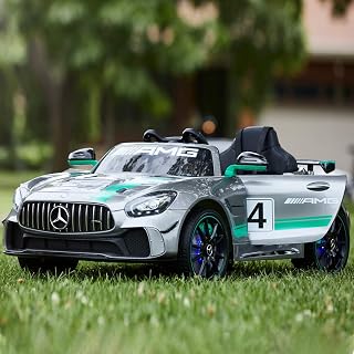 12V Ride On Car, Official Licensed Mercedes-Benz AMG GT4 Kids Electric Ride-On Car with Parental Remote Control, Caster Wheels, LED Lighting, Leather Seat and MP4 (Silver)