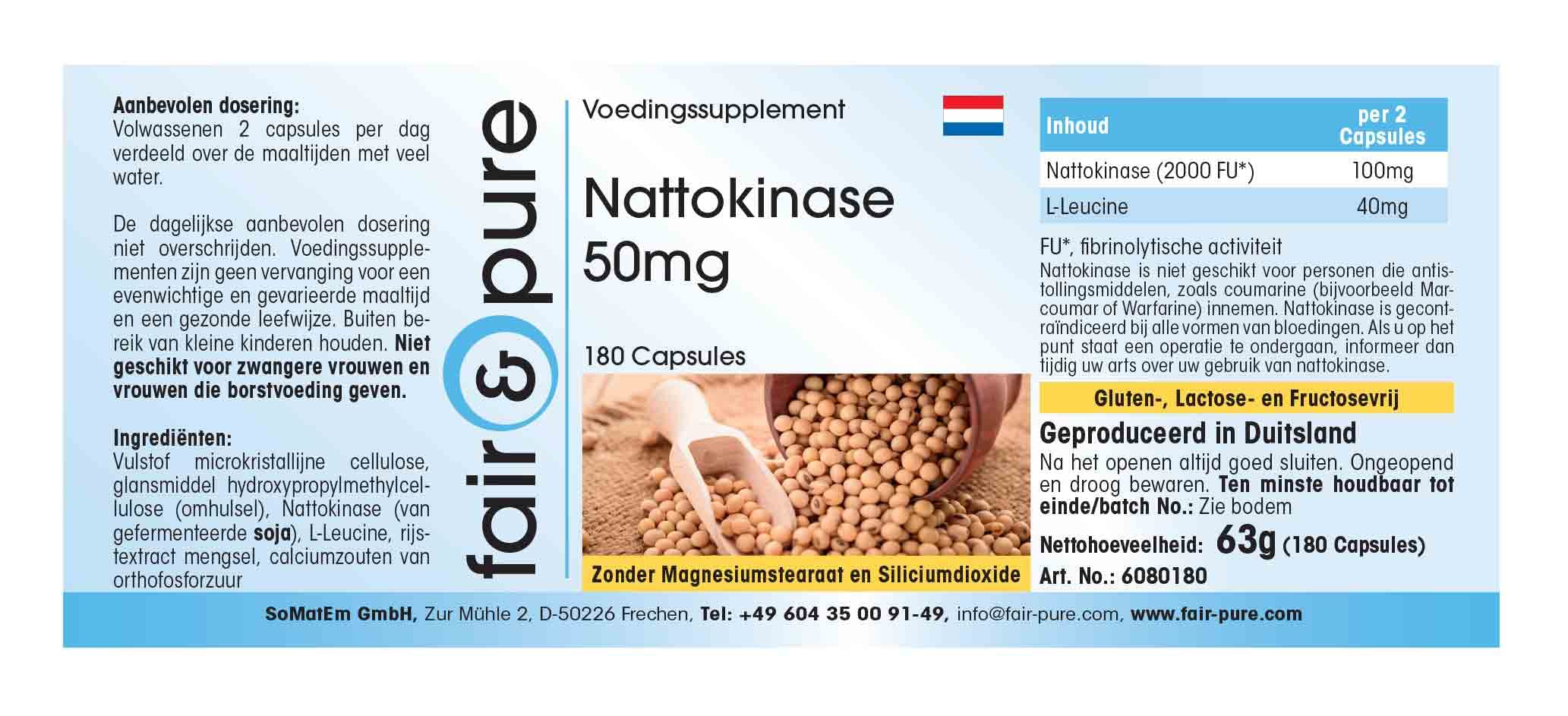 Fair & Pure Nattokinase 50mg, 180 Kapseln, schluckfreundlich, Nahrungsergänzungsmittel vegan ohne Magnesiumstearat, in Deutschland hergestellt