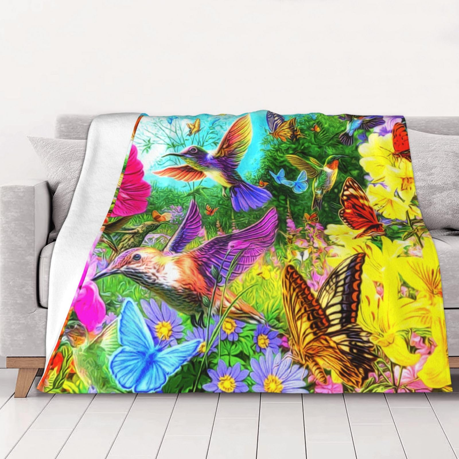 Couverture oiseaux et fleurs en flanelle douce 150x125 cm pour lit et canapé
