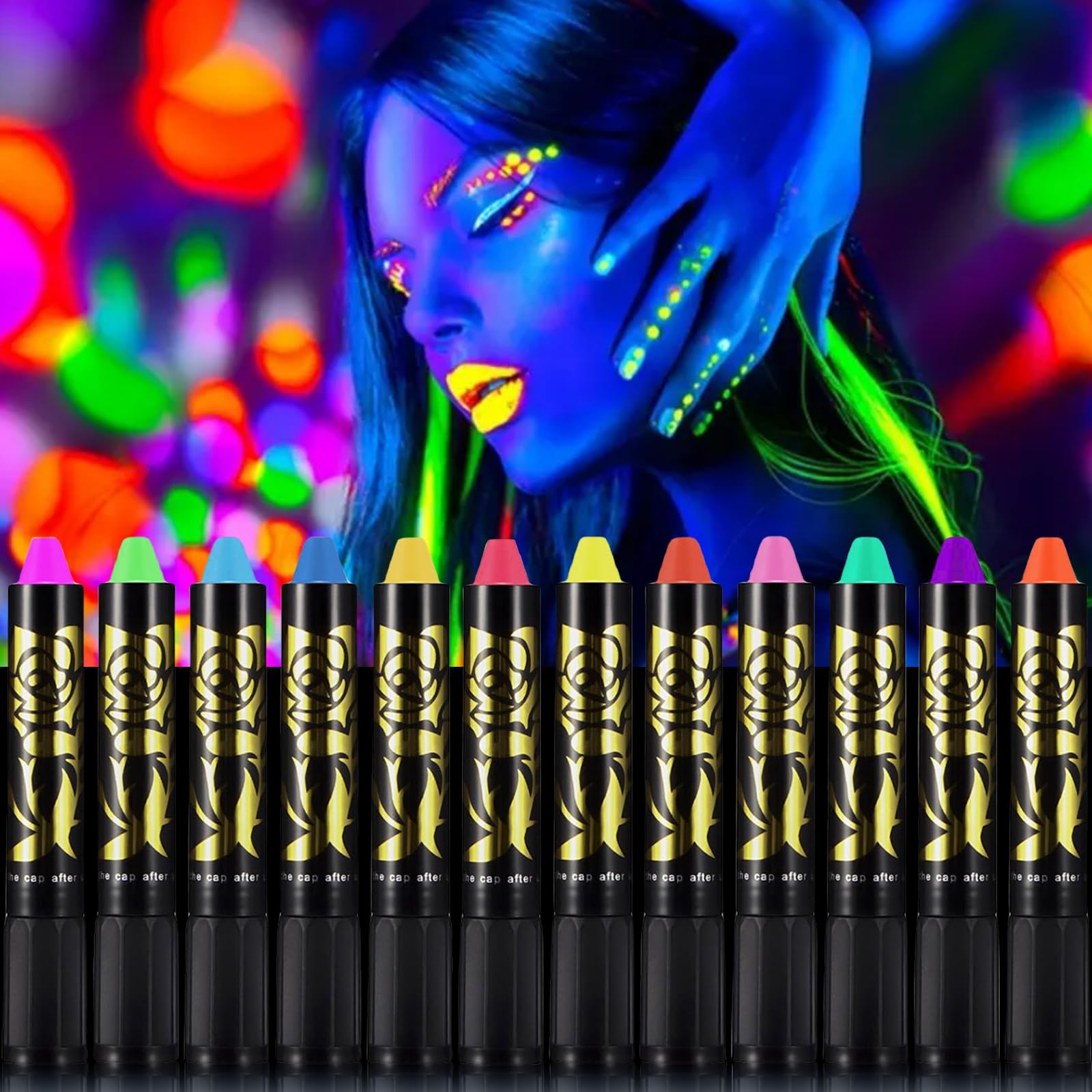 LuxeGlee 12PCS Glow in the Dark Face Paint, UV Neon Face Painting Sticks, Fluorescent Crayons Neon Makeup Sticks, Face Luminous Paint for Party, Birthday, Festival, Halloween