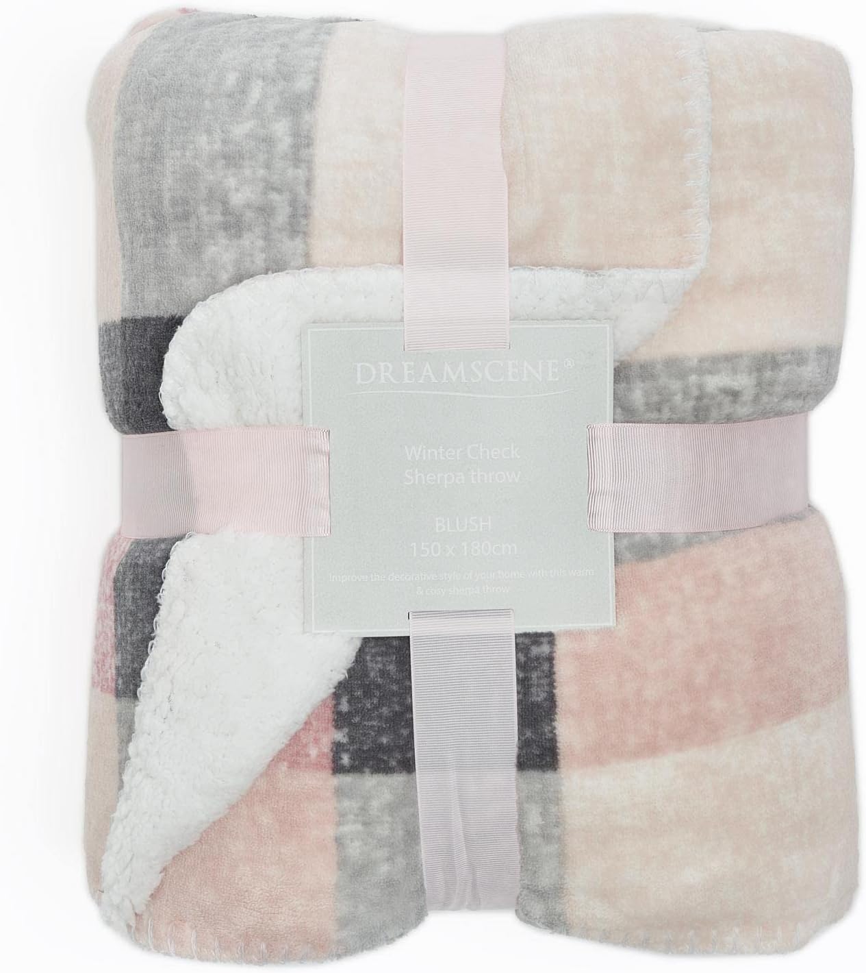 Dreamscene Check Sherpa Fleece Blanket Soft Thermal Warm Cosy Thick Fluffy Throw Over for Sofa Bed, 150 x 180cm - Blush