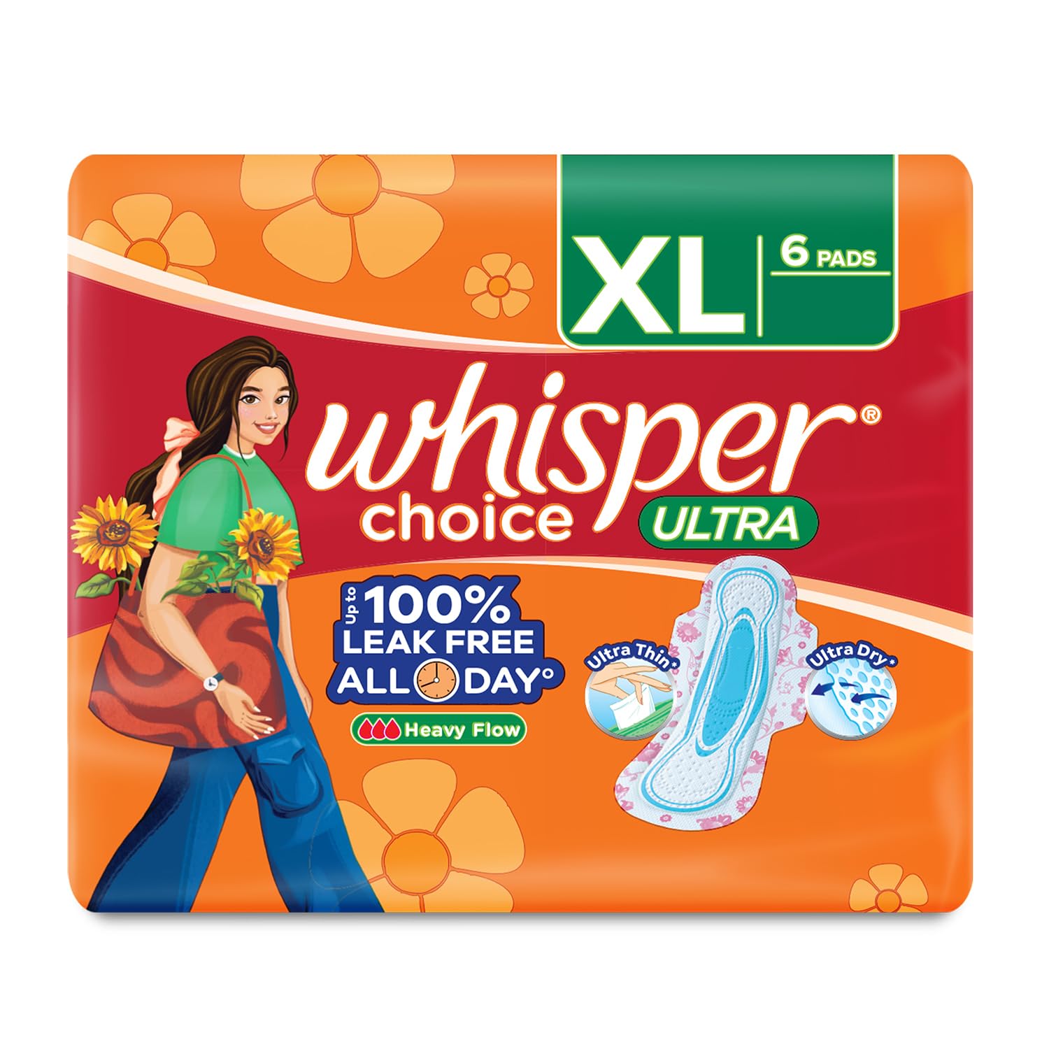 Whisper Choice Sanitary Pads for Women, XL, 6 Napkins (Pack of 1)