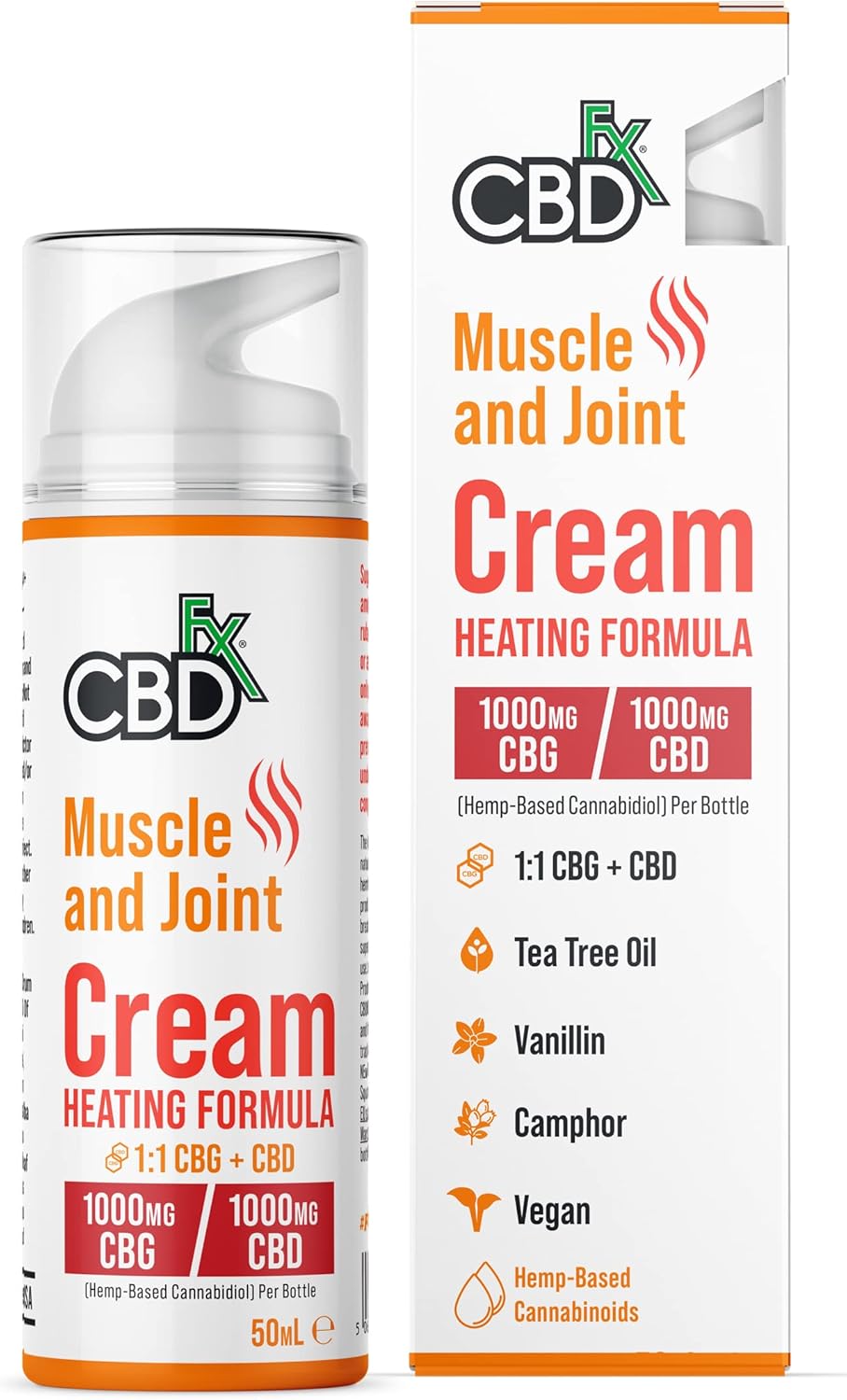 CBDfx 1000mg CBD/1000mg CBG, High Strength CBD Cream for Joints and Muscles with Caffeine, Vanillin, Tea Tree Oil and White Willow Bark, Heating Formula, 50ml