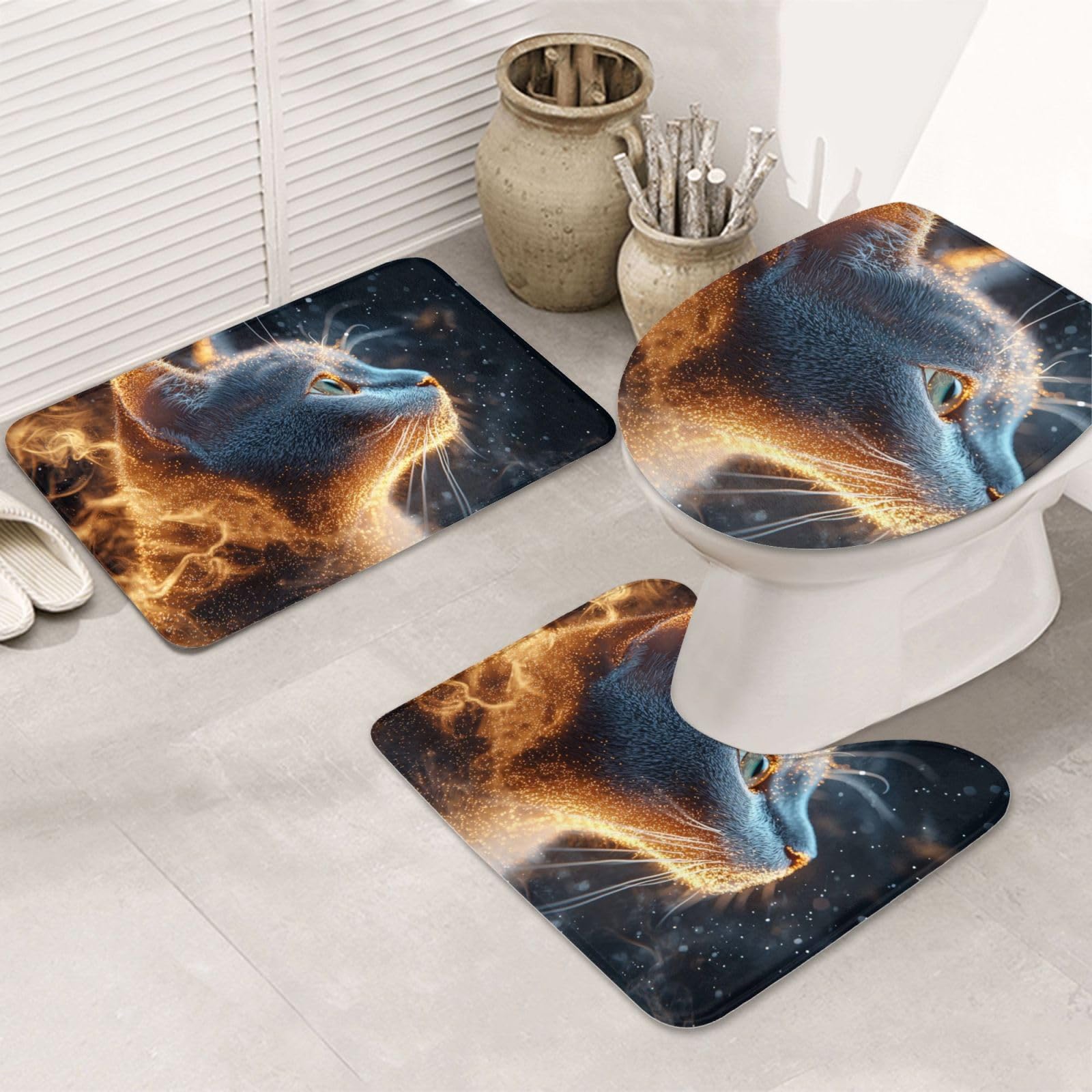 Alfombras de baño de gato juego de 3 piezas antideslizante con funda de inodoro y alfombrilla