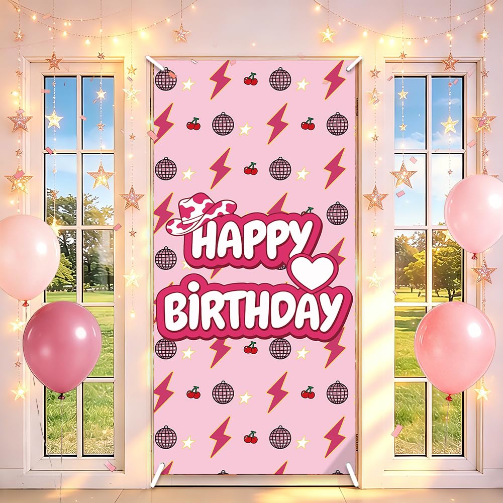 SUPERDANT Lightning Bolt Front Door Cover Door Banner Backdrop Happy Birthday Background Polyester Banner Shooting Backgrounds with Copper Hanging Holes Reusable Decor Pink for Girl 185x90cm