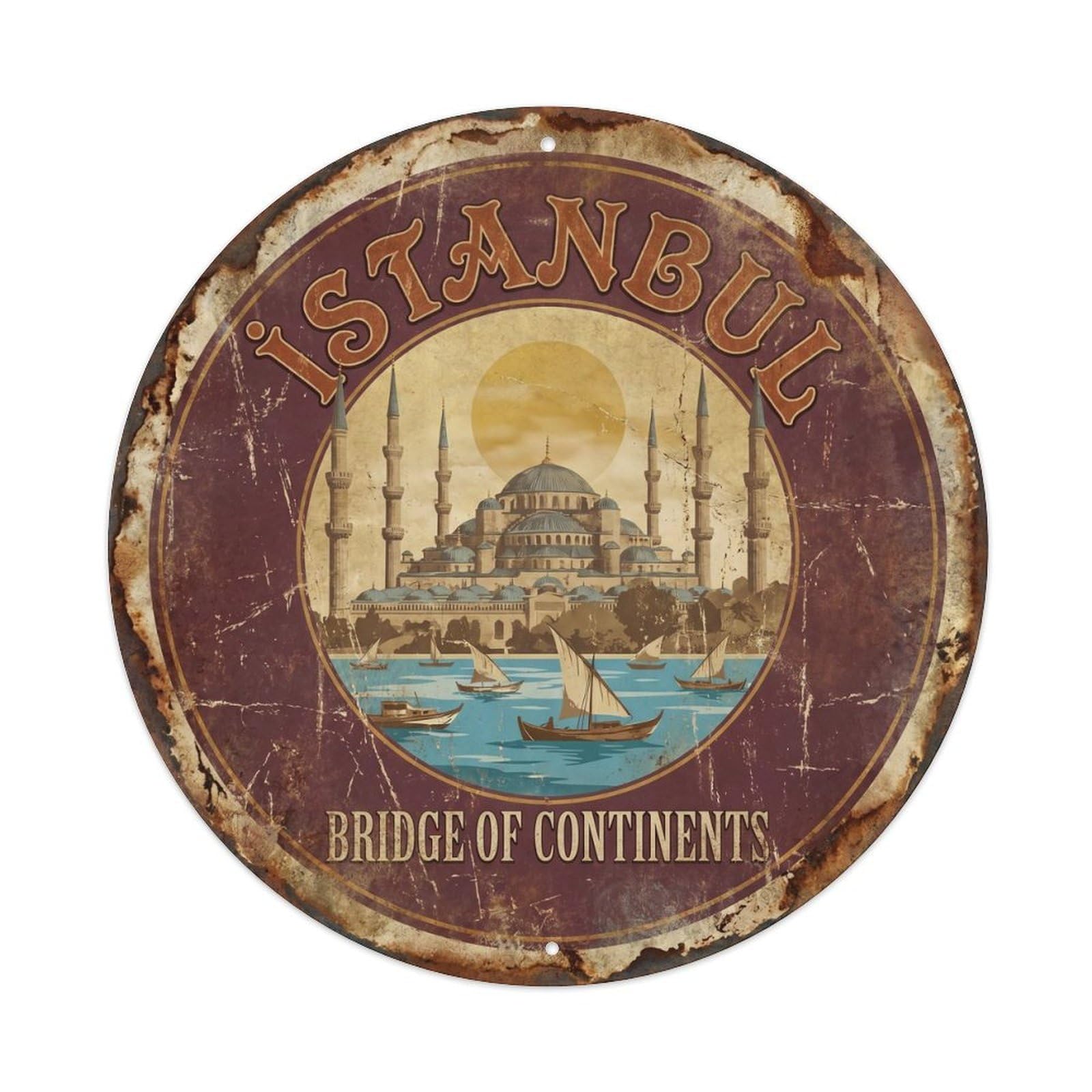 Vintage Travel Istanbul Bosphorus Mosque Metal Tin Sign Plaque Wall Decor for Cafe, Club Bar, Office, Home Garden Round Metal Poster 8x8Inch