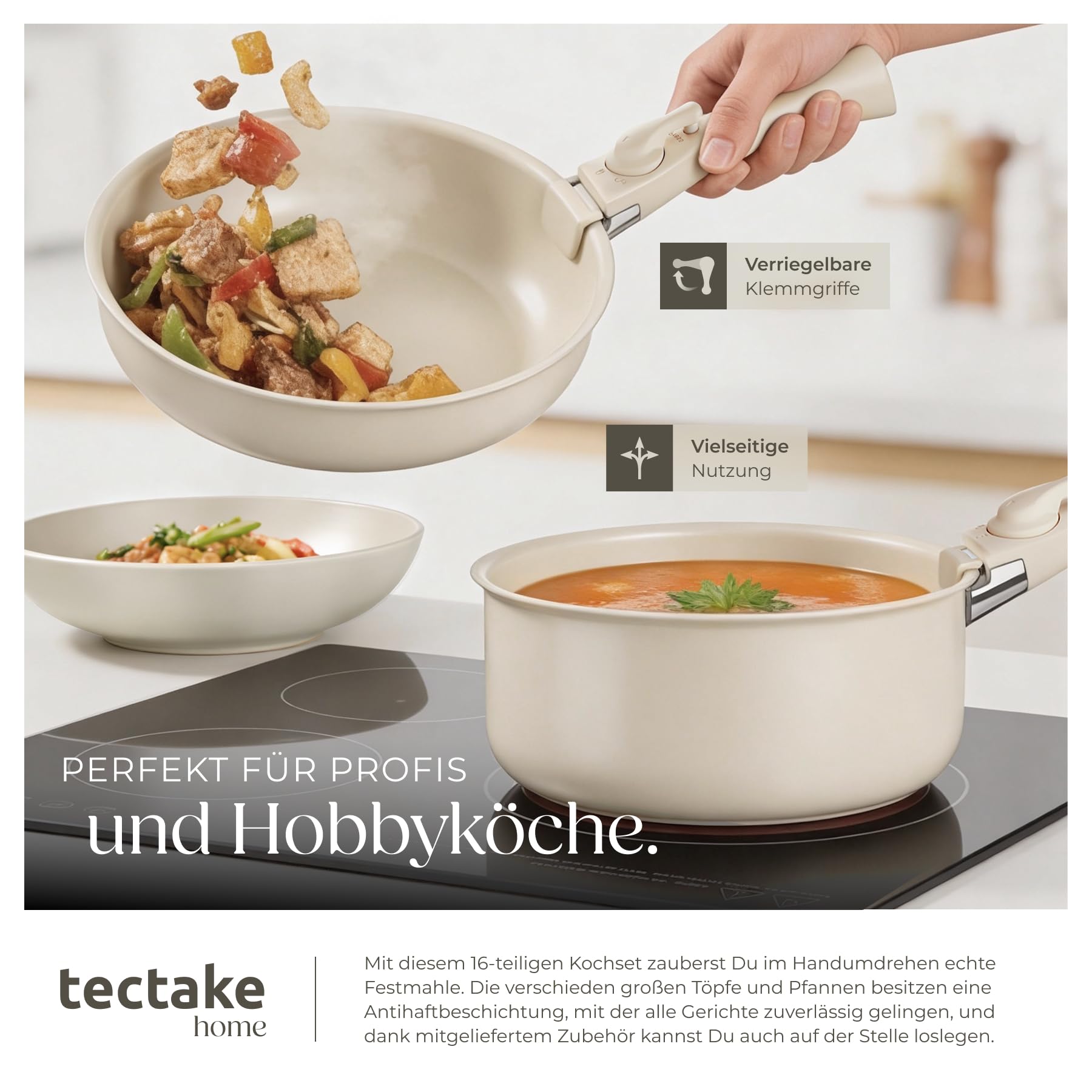tectake® Küchenstarterset 6 Personen, Steingut Geschirr Set, Teller, 3 Pfannen, 2 Töpfe, rostfreies Aluminium, Kochtopf Set, Töpfe Set, kratzfest, inkl. 5 Küchenwerkzeuge - taupe/weiß, 46-tlg.