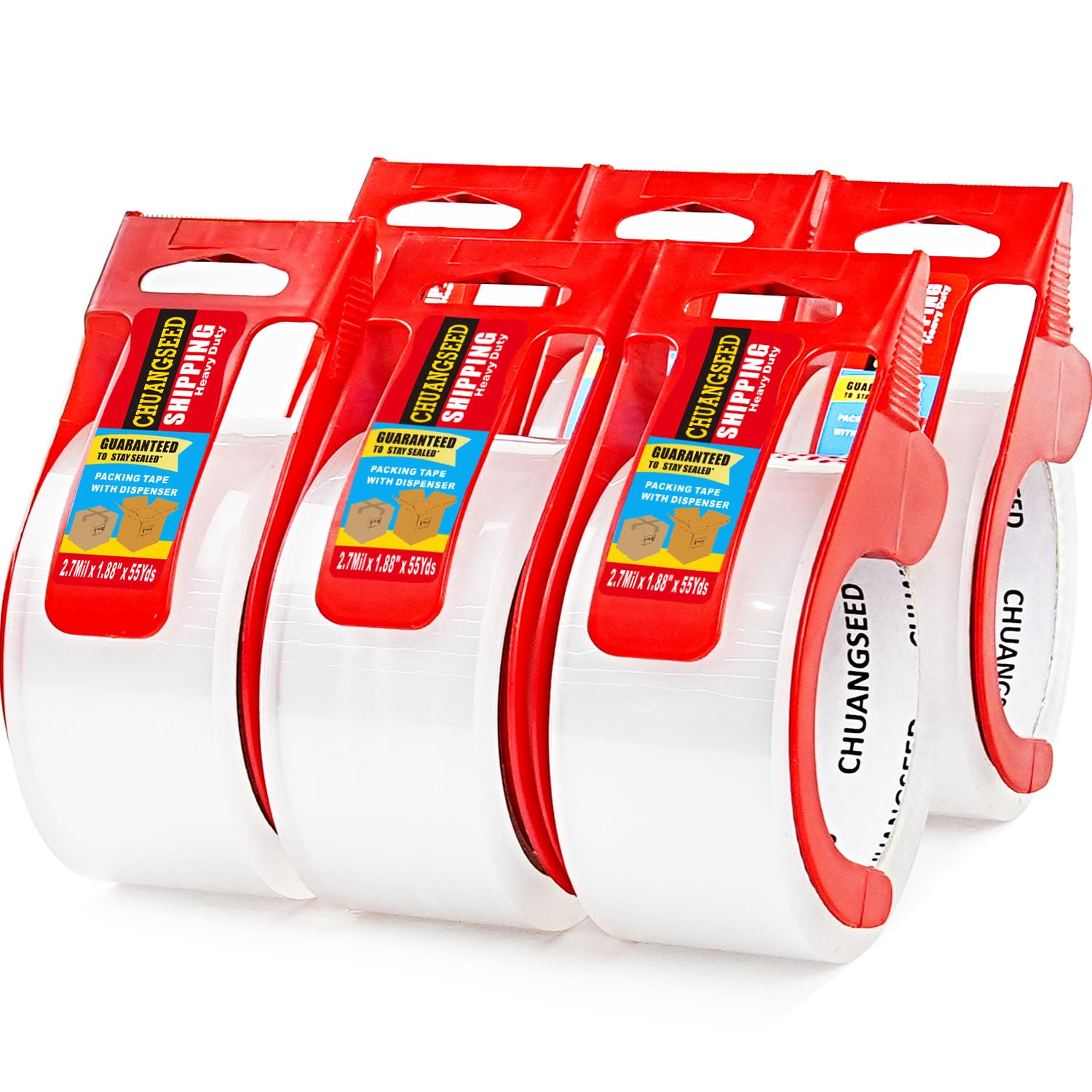 CHUANGSEED 6-Pack Clear Packing Tape with Dispenser -2.7mil x 1.88" x 55Y Heavy Duty Packing Tape for Moving Boxes-Moving Tape Strong Adhesive