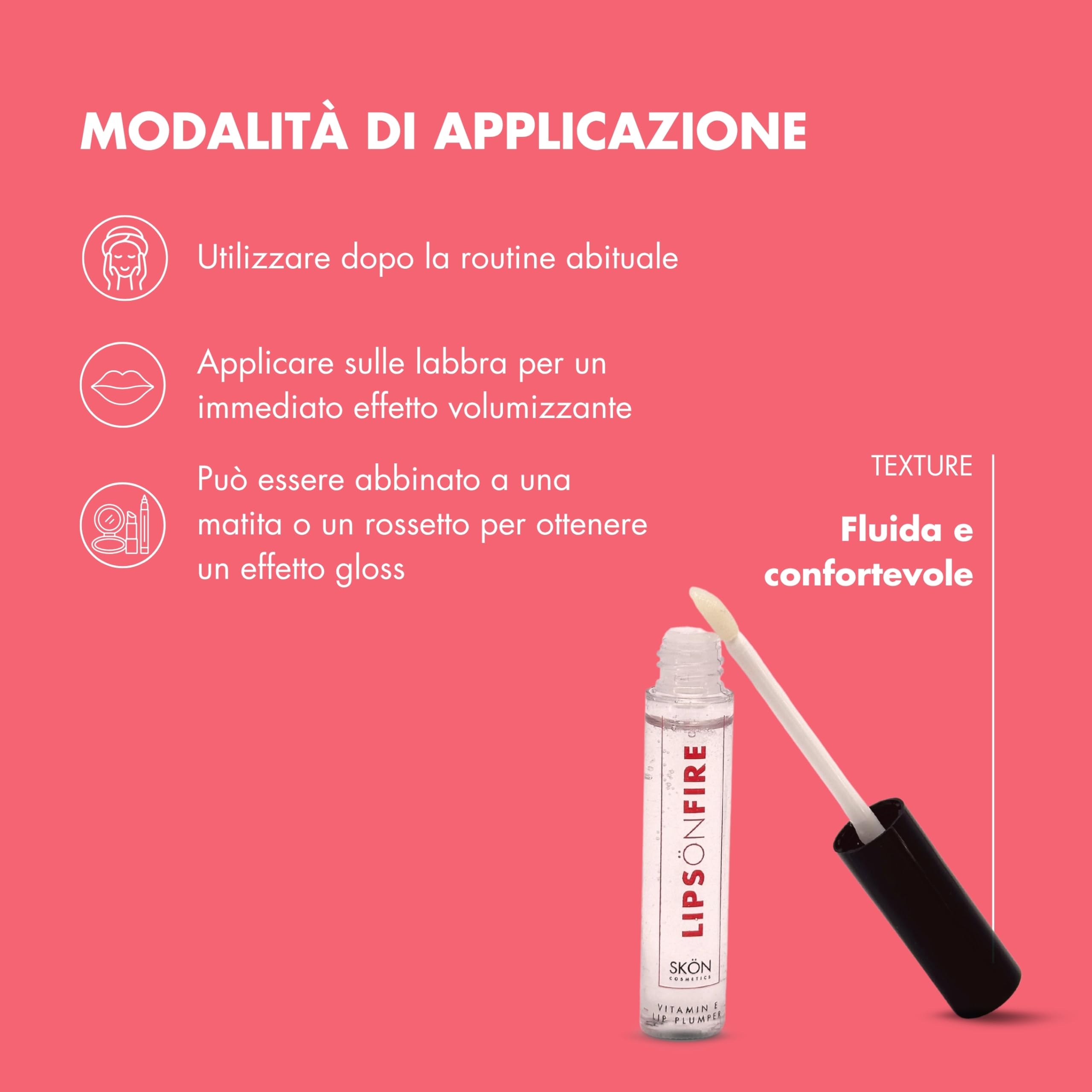 Skön Lips On Fire - Gloss Labbra Volumizzante con Vitamina E e B3, Lip Plumper Nutriente, Dona Volume Immediato e Mantiene le Labbra Morbide e Idratate, Lucidalabbra Rimpolpante, 9 ml, Made in Italy