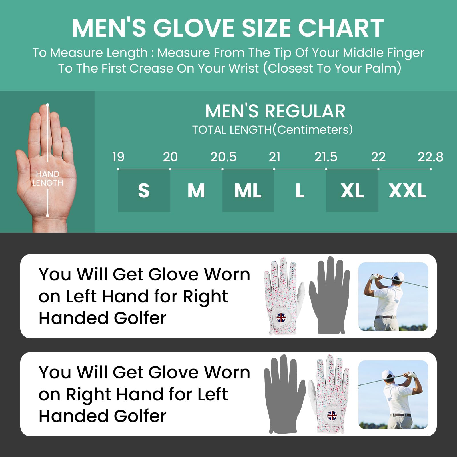 XJBTBA Guantes de Golf para Hombre Mano Izquierda Derecha Cabretta Cuero Weathersof con Marcador 1 Pieza, Guante de Golf para Hombre Suave Transpirable Resistencia al Desgaste