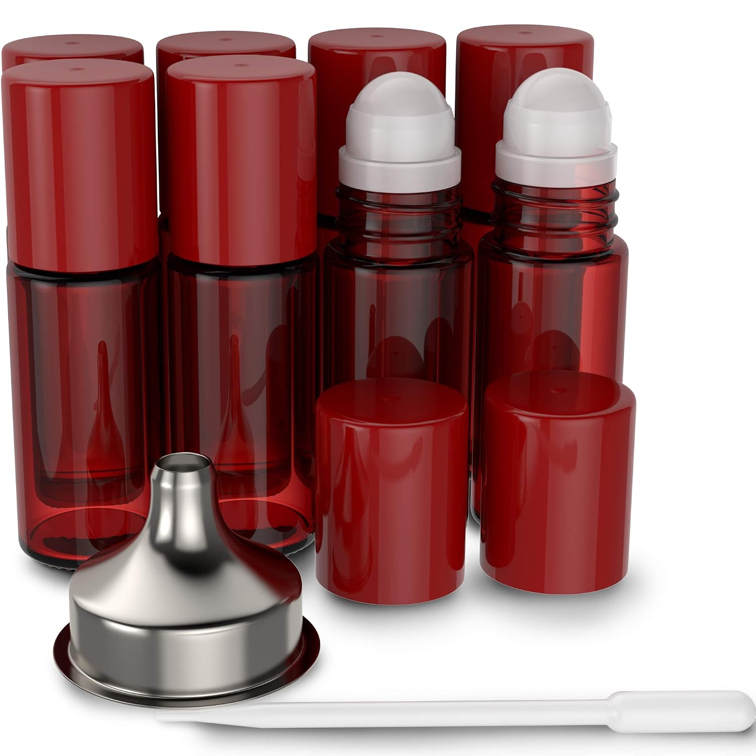 8 Pack Essential Oil Roller Bottles [Plastic Roller Ball] FREE Plastic Pippette and Funnel - Refillable Glass Color Roll On for Fragrance Essential Oil - 30ml 1 oz (RED)