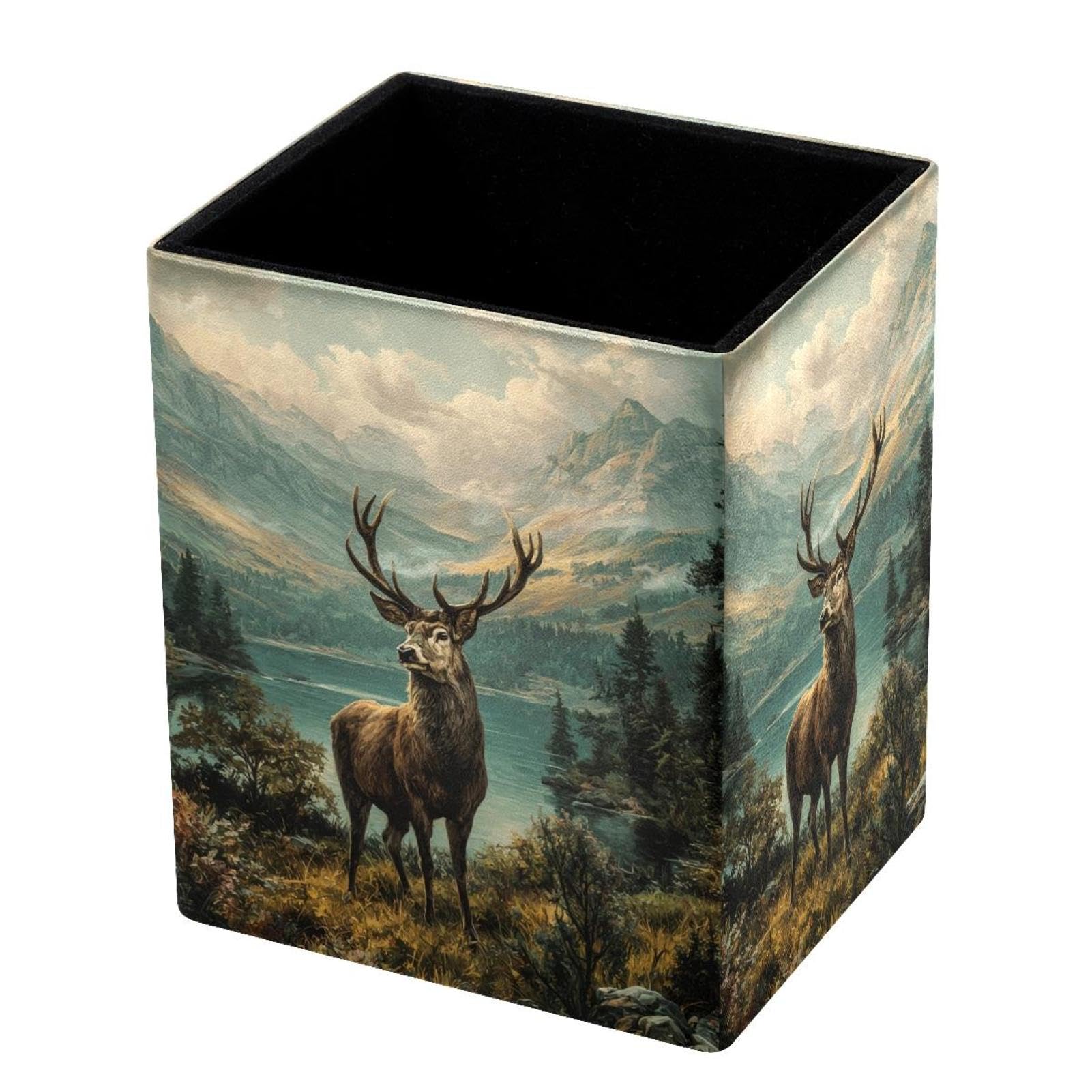 VAPOKF Pencil Holders for Desk, Retro Deer Printed Pen Holders Pen Pot Makeup Brushes Storage Desktop Stationery Supplies Organiser for Home Office