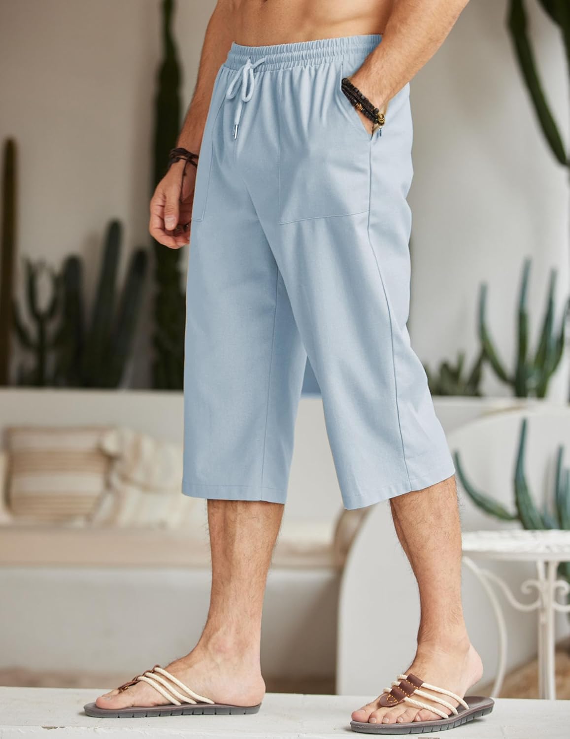 COOFANDY Men's Linen Capri Pants Casual Lightweight 3/4 Baggy Pants Drawstring Elastic Waist Beach Yoga Pants with Pockets - Image 2
