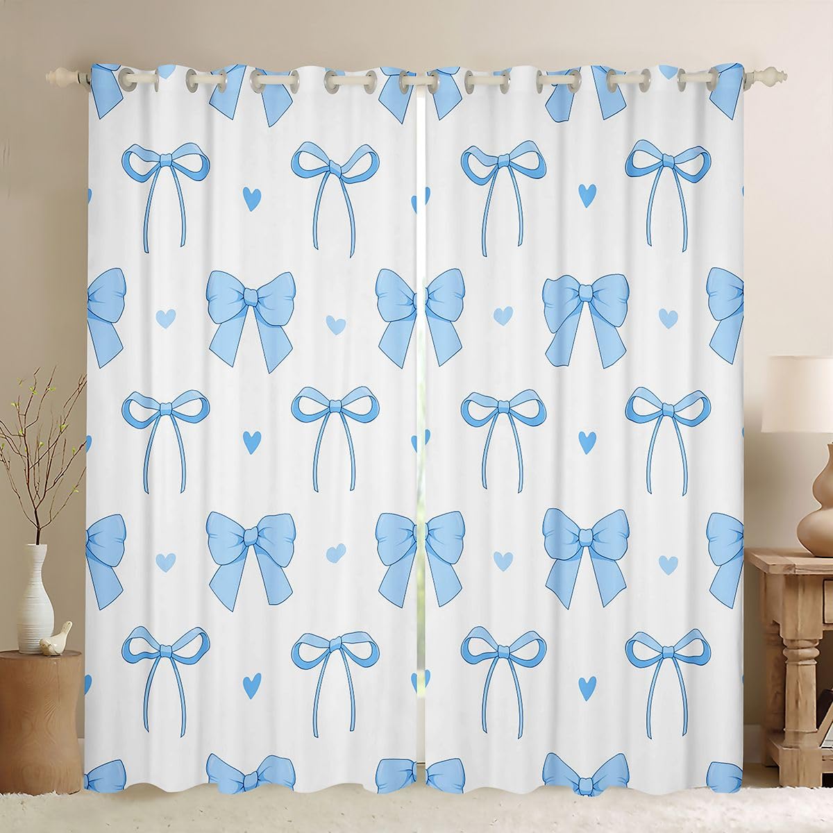 Homewish Kokardka wstążka niebieska dziewczęca księżniczka zasłony okienne 168 x 183 cm 2 zestawy paneli - urocze zasłony zaciemniające marzycielskie kawaii kokarda zasłony okienne miłość