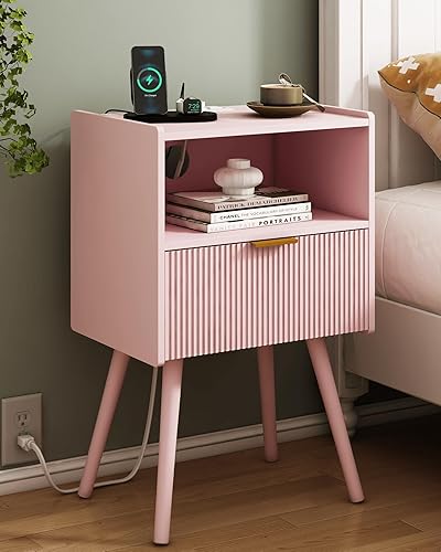 Miniatura 11 de Mesita de noche, moderna mesita de noche con cajón de almacenamiento y estante de madera abierta, para sala de estar, dormitorio y espacios Café