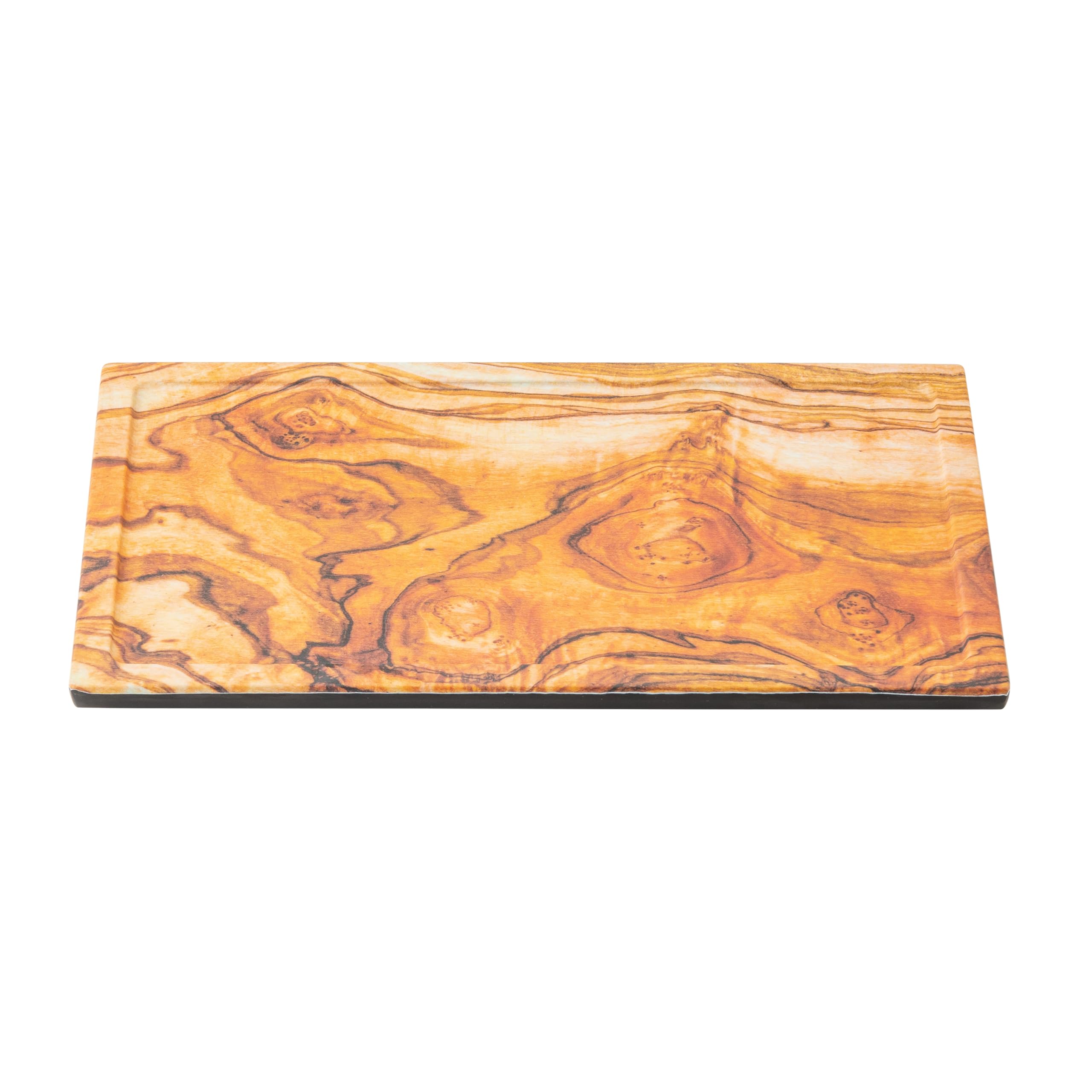 TableCraft Serving Tray, 10.375" x 6.375" x 0.625" Black Melamine with Olivewood Decal, Fits Fourth Size Gastronorm Crates, Decorative Professional Serving Surface for Catering, Buffet, and Display