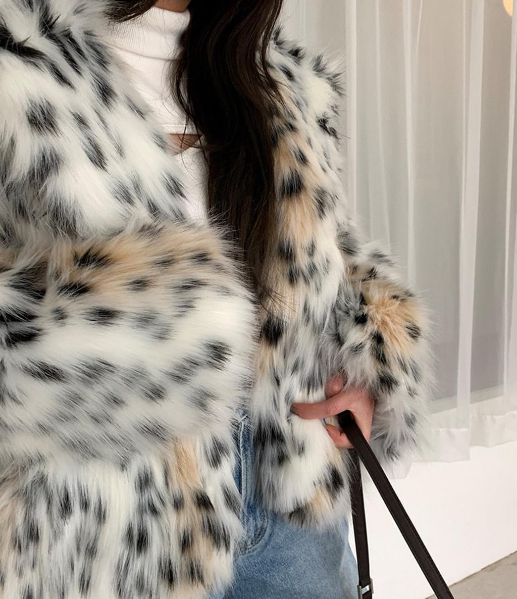 Women Faux Fur Lapel Coat Luxury Shaggy Fluffy Leopard Cardigan Jacket Sexy Warm Outwear for Wedding Winter Casual