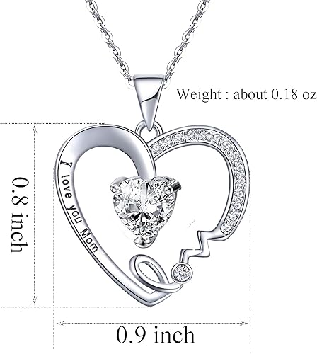 Miniatura 2 de UEUC - Collar con dije en forma de corazón con la leyenda I Love You Mom plata de ley 925, con diamantes de imitación, para mamá.