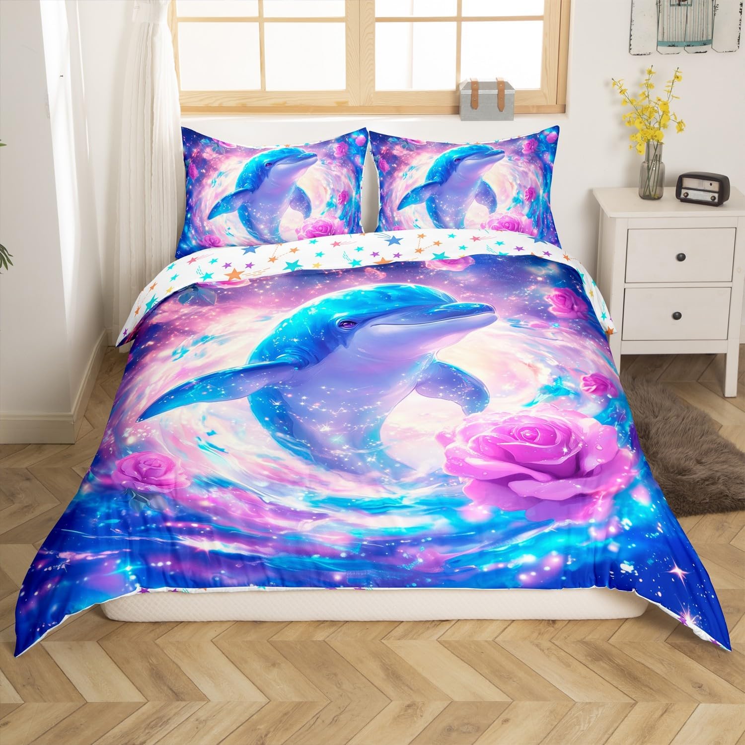 Cute Dolphin Bedding Set Toddler Size,Rose Flower Duvet Cover Set 2Pcs for Kids Girls Boys Teens Bedroom Decor,Dreamy Starry Sky Galaxy Comforter Cover Blue Ocean Animals Quilt Cover,1 Pillowcase