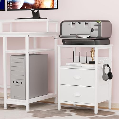 Miniatura 8 de Furologee Mesita de noche con 2 cajones de tela, mesa de noche blanca, mesa auxiliar con estante de 2 niveles, mesa auxiliar con ganchos y parte