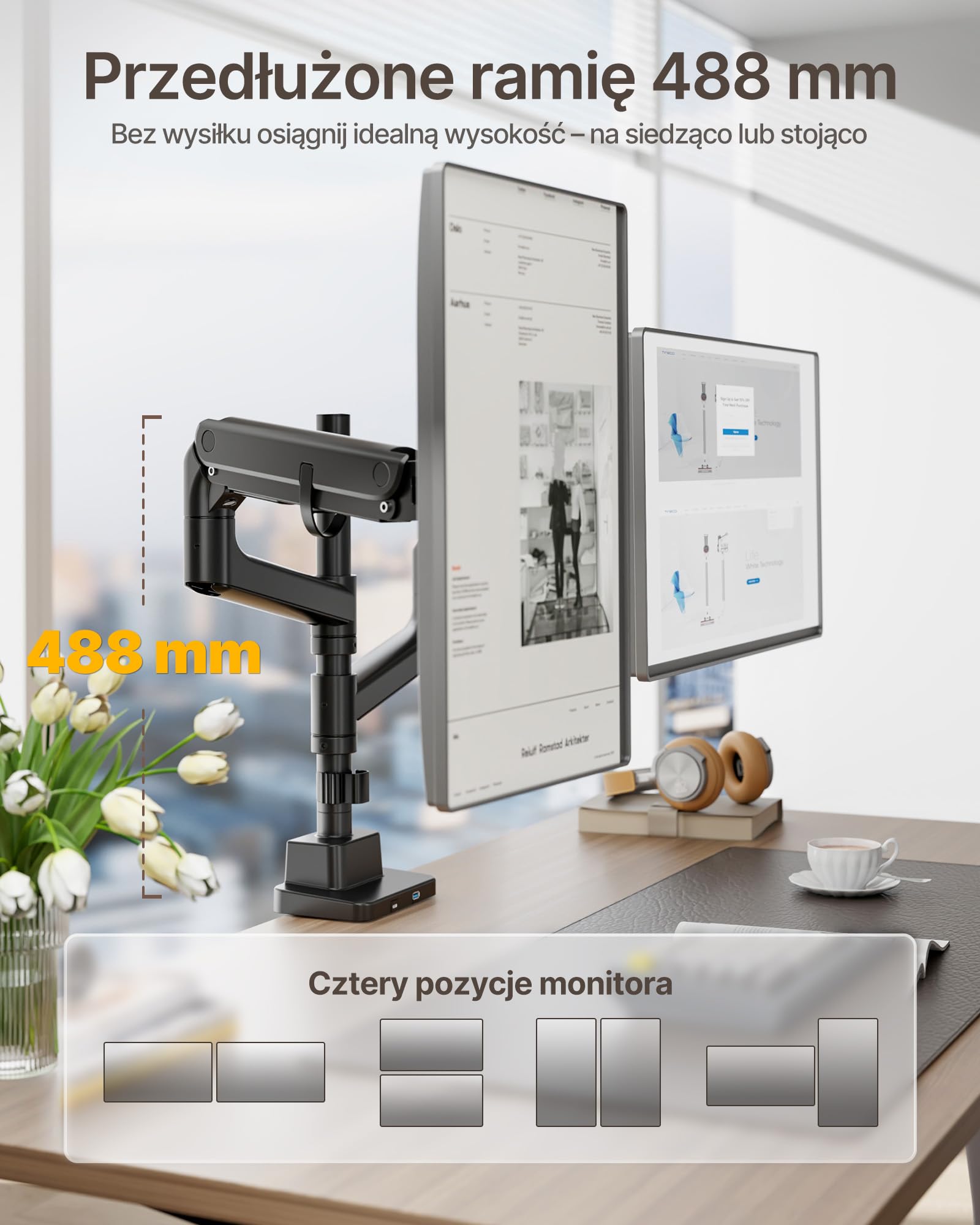 monTEK Podwójne Ramię do Monitora z USB 17-57", do 27 kg