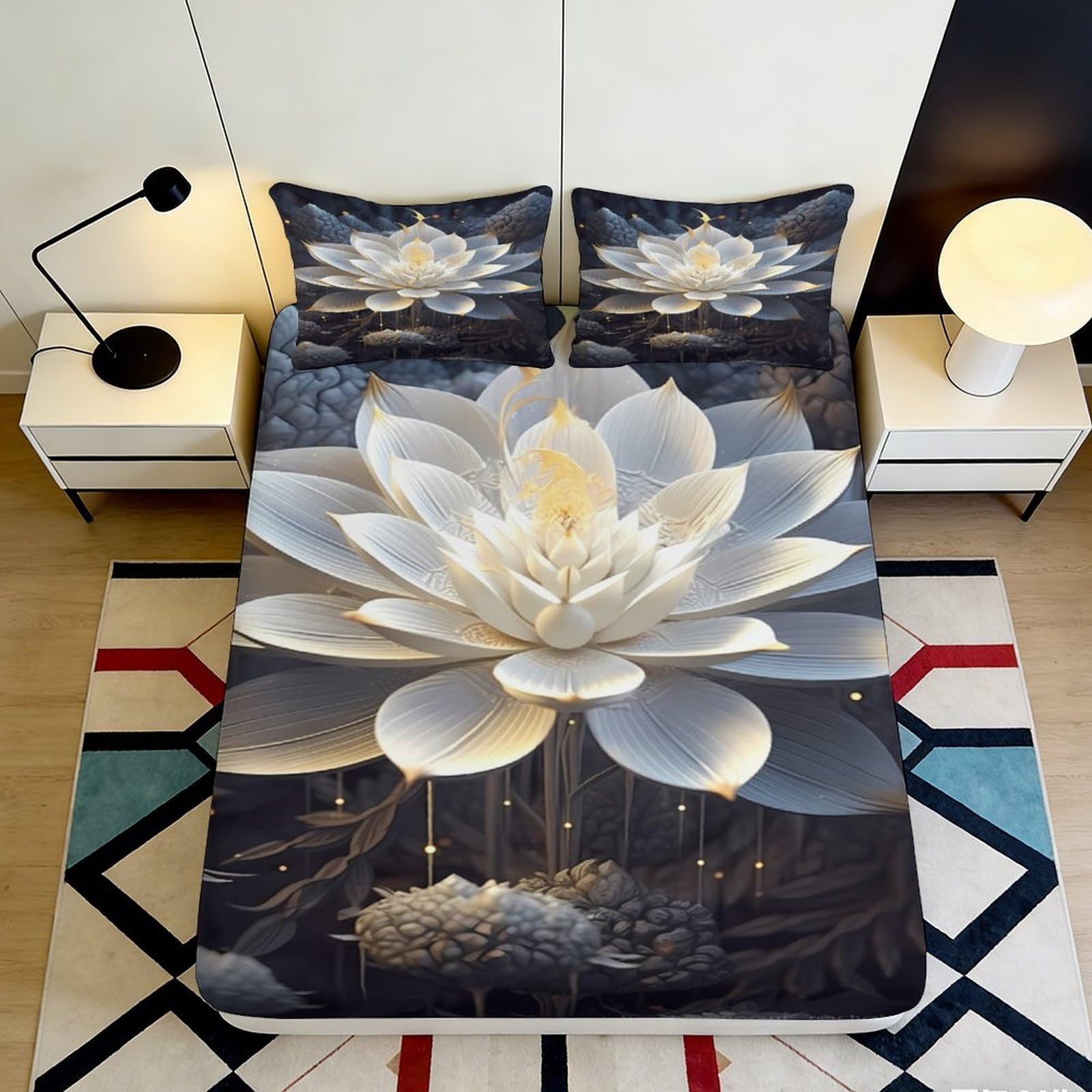 3D Printed White Lotus Fitted Sheet Microfiber Soft Breathable Floral Bed Cover for Bedroom Dormitory Guest Room Mattress Protection 160x200x25cm