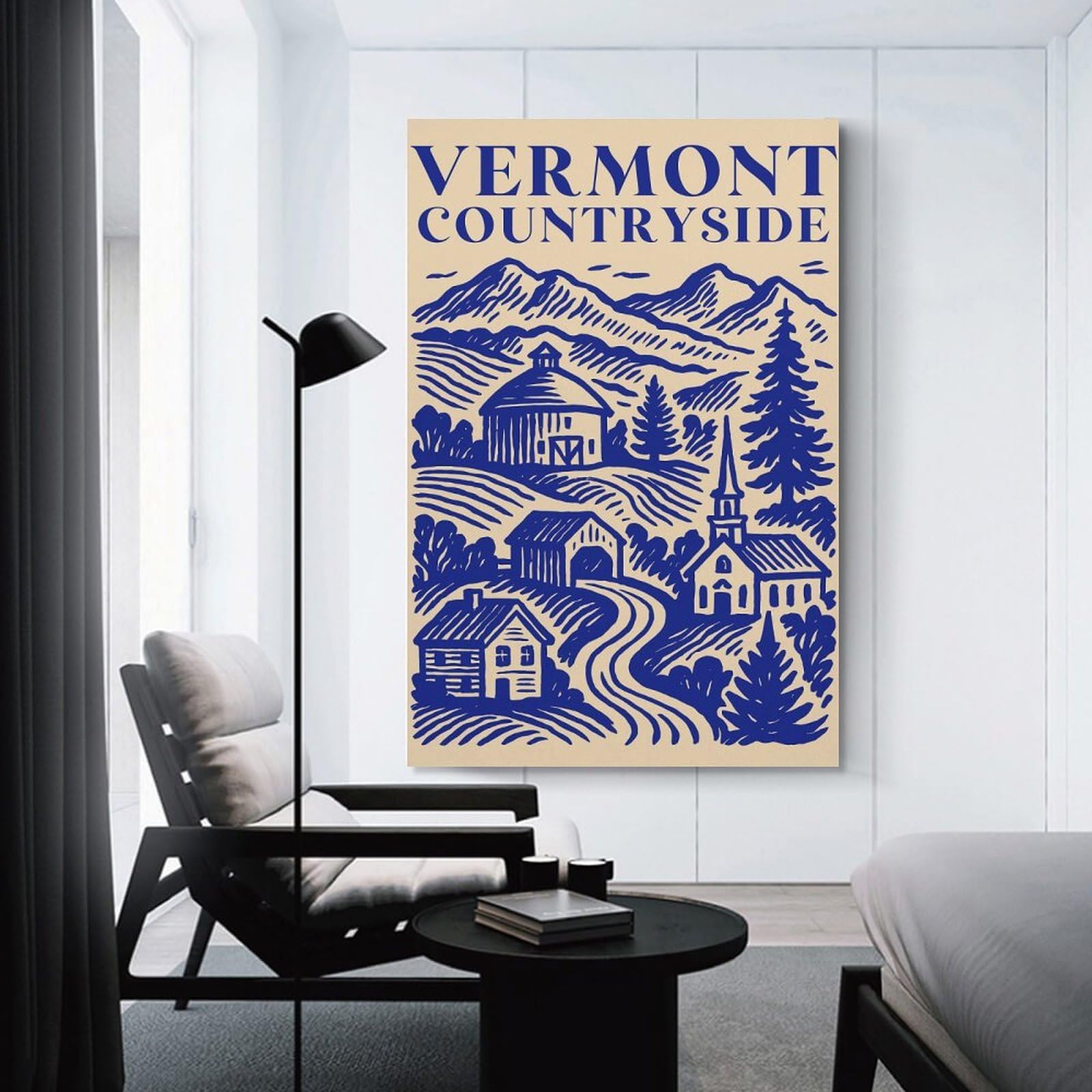 Junmoney Vermont Countryside Illustration Wall Picture Print 24x36inch(60x90cm), for Hallway, Lounge Or Guest Room, Gift Idea for Housewarming And Birthdays