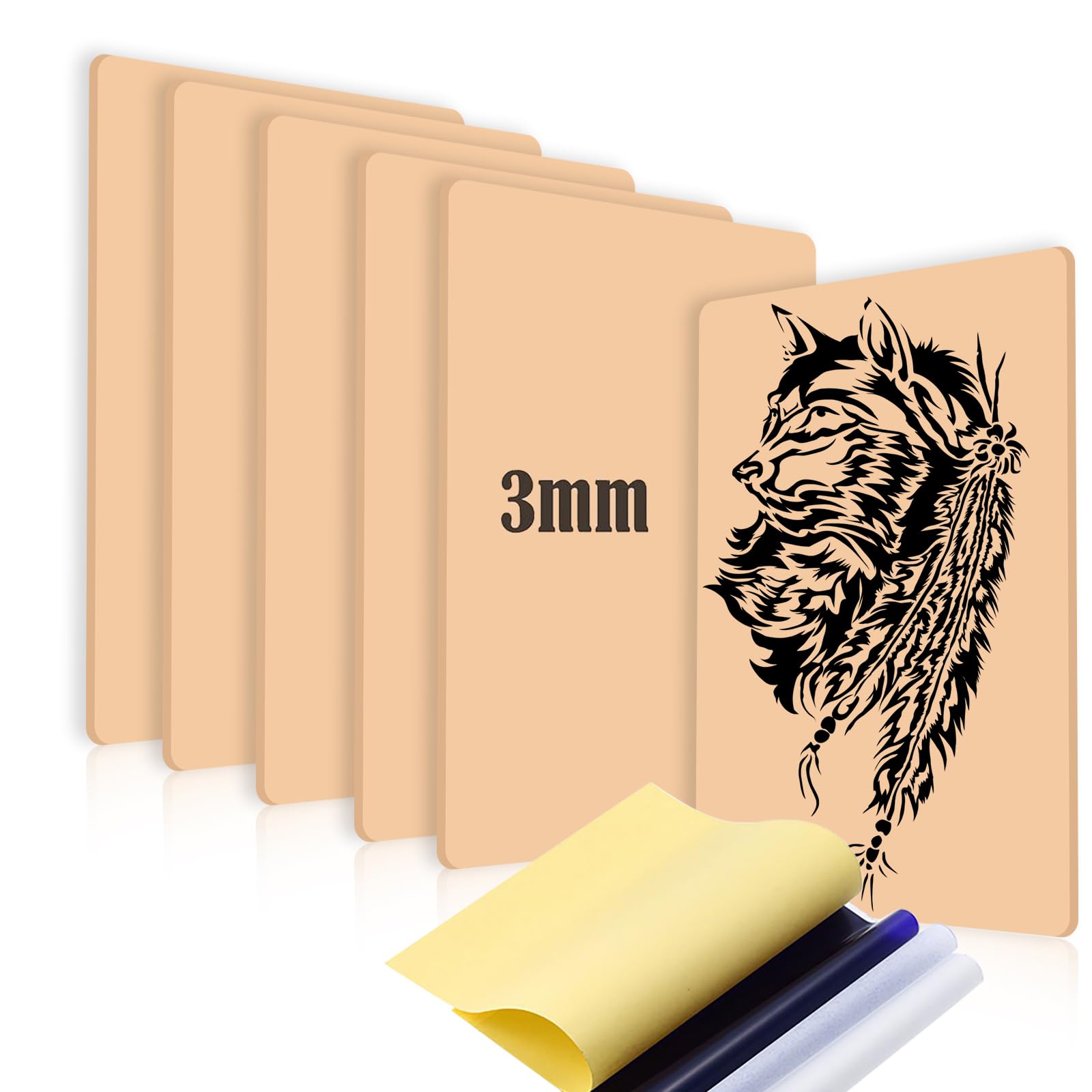 Joyeee 6 Piezas Piel Sintetica Tatuaje 3mm, 29,7×19,5cm Piel de Práctica de Tatuaje Silicona, con 10 Hojas Papel de Transferencia de Tatuajes, para Tatuadores Principiantes y Experimentados