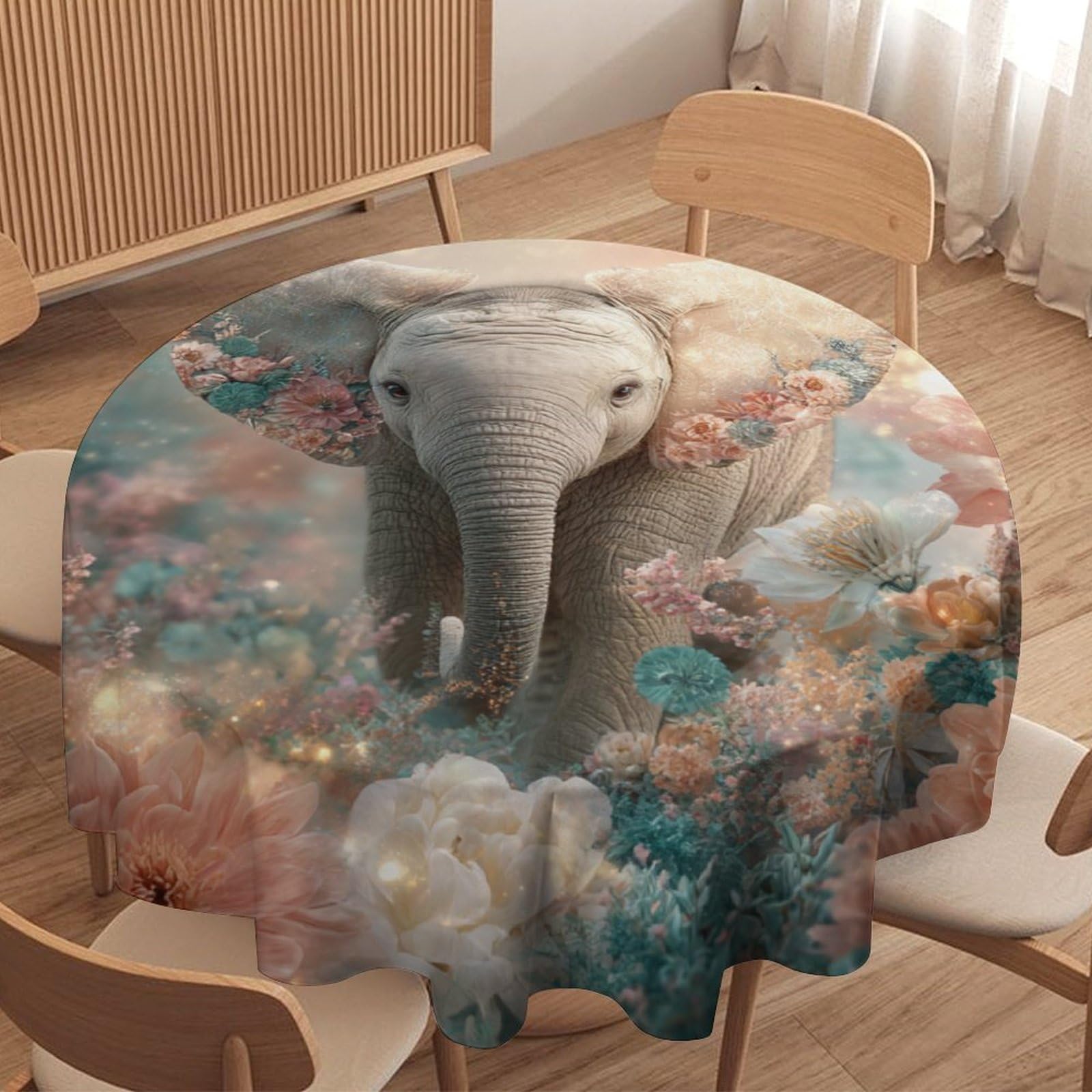 LUYYSKY Funny Colorful Baby Elephant Waterproof Round Tablecloth Cute Oil Painting Garden African Animal Elephant Flowers Washable Table Cover for Kitchen-127 Wx127 L cm