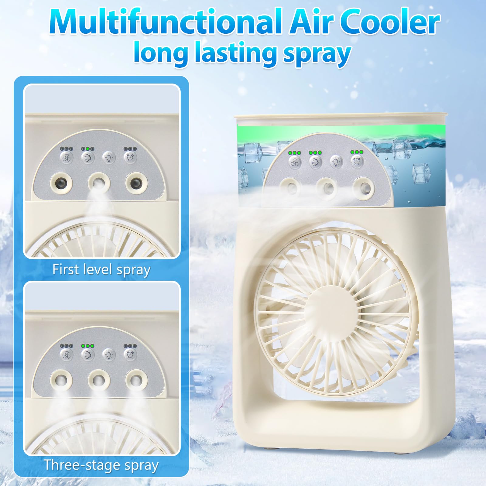Mini Aire Acondicionado Portatil,3 en1 Mini Enfriador de Aire de 250ml, Mini Refrigerador de Aire Móvil Ventilador USB,3 Velocidades,7 LED Climatizador Portatil para Dormitorios,Oficinas