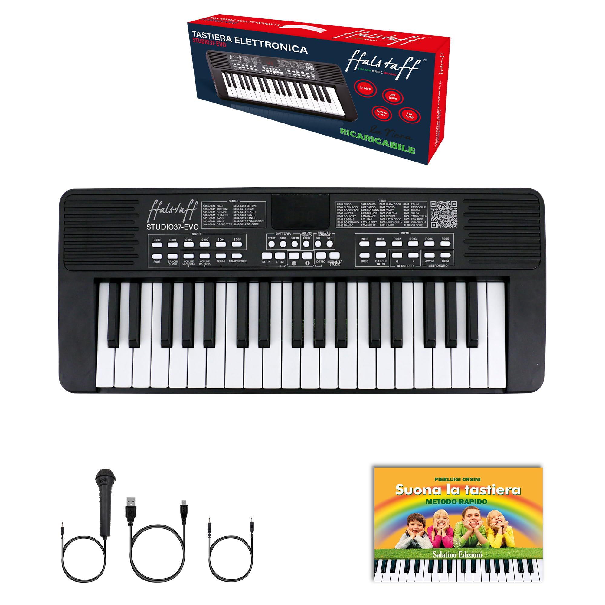 ffalstaff STUDIO-37-EVO Tastiera Elettronica Ricaricabile 37 Tasti per uso Scolastico "Italian Design" - Microfono, USB Tipo C, Cavo Jack-Jack e E-book "Suona la Tastiera" inclusi (Nero)