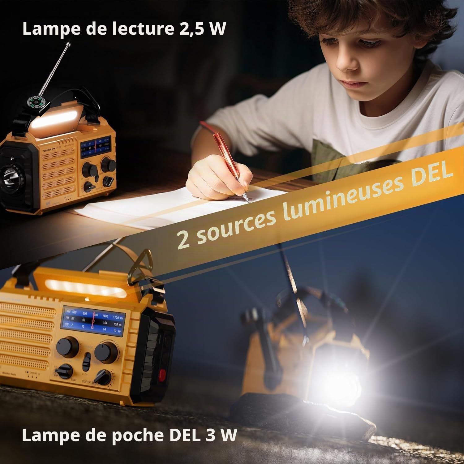 Radio Solaire de Chantier Portable AM/FM/SW 4000mAh Lampe LED Alarme SOS Boussole