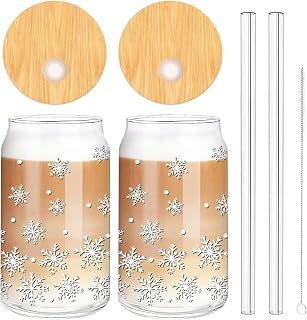 Whaline 2 Pack Winter Drinking Glasses 16oz White Snowflake Glass Cup Xmas Iced Coffee Cup with Bamboo Lids Glass Straw Cleaning Brush for Cocktails Whiskey Beer Soda Gifts