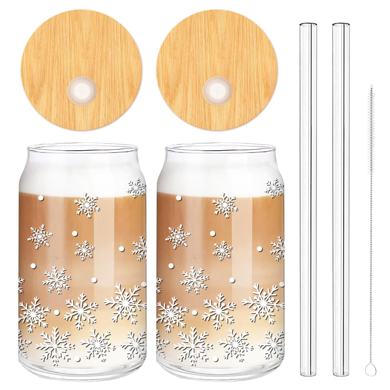 Whaline Lot de 2 verres à boire d'hiver en verre avec couvercle en bambou et paille en verre et brosse de nettoyage pour cocktails, whisky, bière, soda - 473,6 g - Blanc