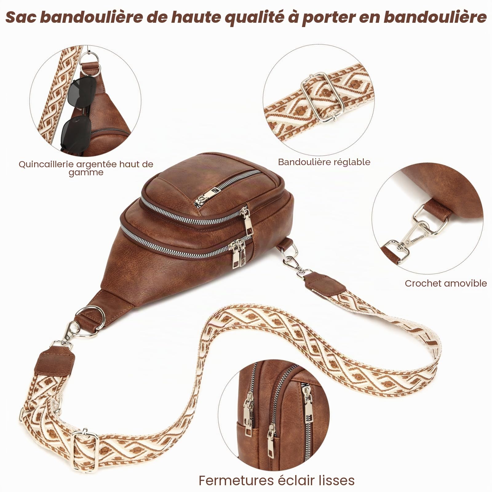 Travistar 2 en 1 Sac de Poitrine Femme Sac à Dos Pochette Banane Sacs Bandoulière Femme PU Cuir avec 2 Sangles Amovibles et Réglable, Petit Sacoche de Sport a Main