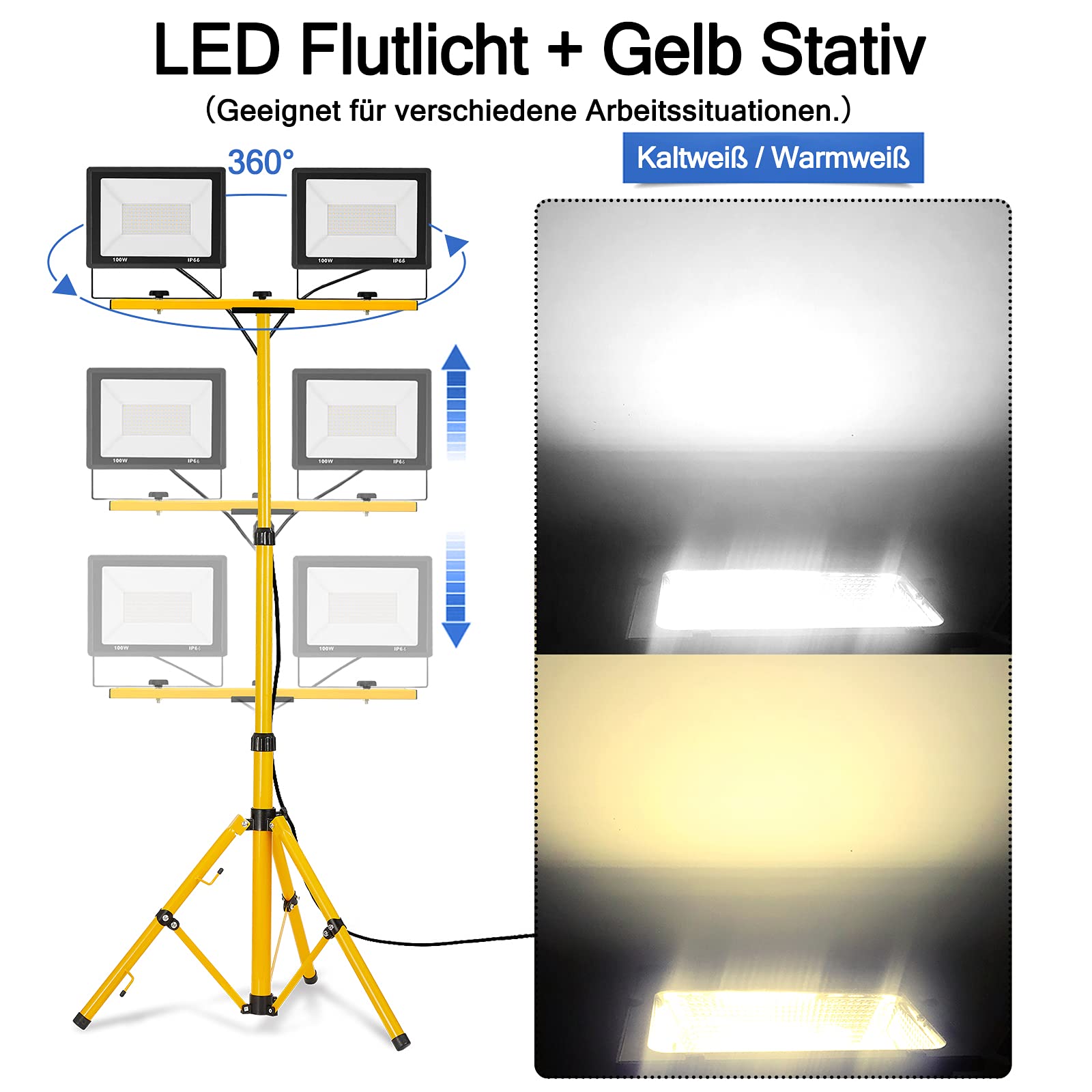 UISEBRT Faro da Lavoro a LED 2 * 200W bianco freddo con treppiede faretto da cantiere incluso cavo di alimentazione Proiettore a LED Luce da lavoro impermeabile IP66 per garage, giardino, cantiere