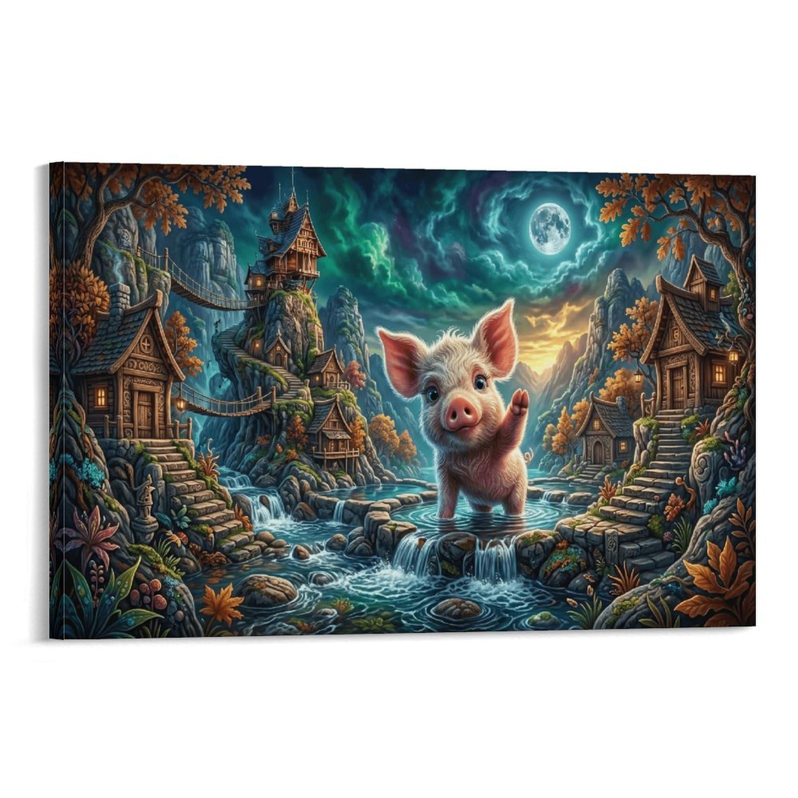 XPASHIQWC Cute Piglet Wall Decor Poster Moonlit Stream Canvas Prints Picture Modern Canvas Wall Art Picture Wall Hanging for Living Room Home Decorations 24x36inch(60x90cm)