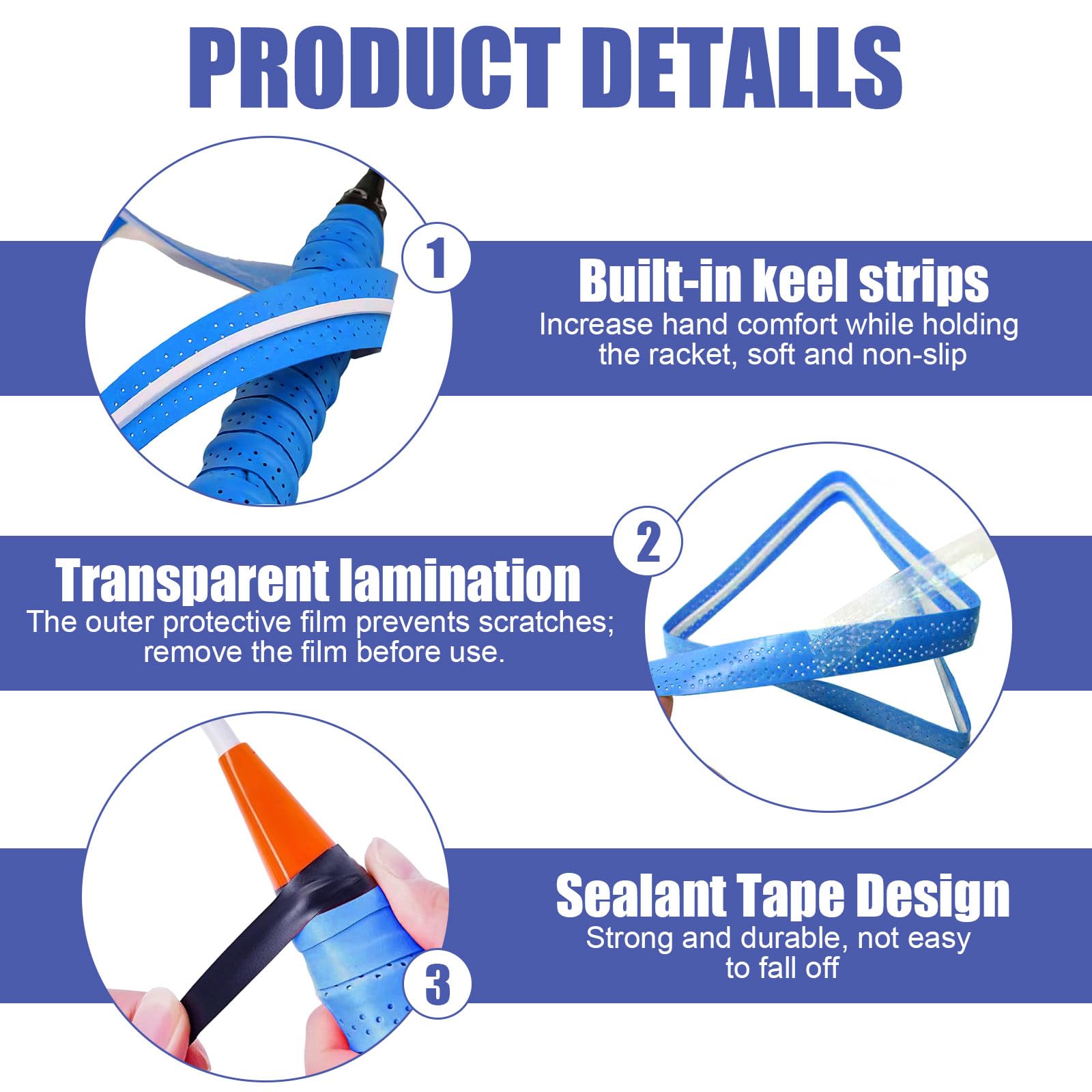 Agarre de Raqueta de Bádminton - 4 Pcs Antideslizante Raqueta de Tenis Cinta - 110 × 25 mm, Transpirables y Antideslizantes para Raquetas de Bádminton y Tenis (Blanco, Azul, Verde Fluorescente, Negro) — view 3