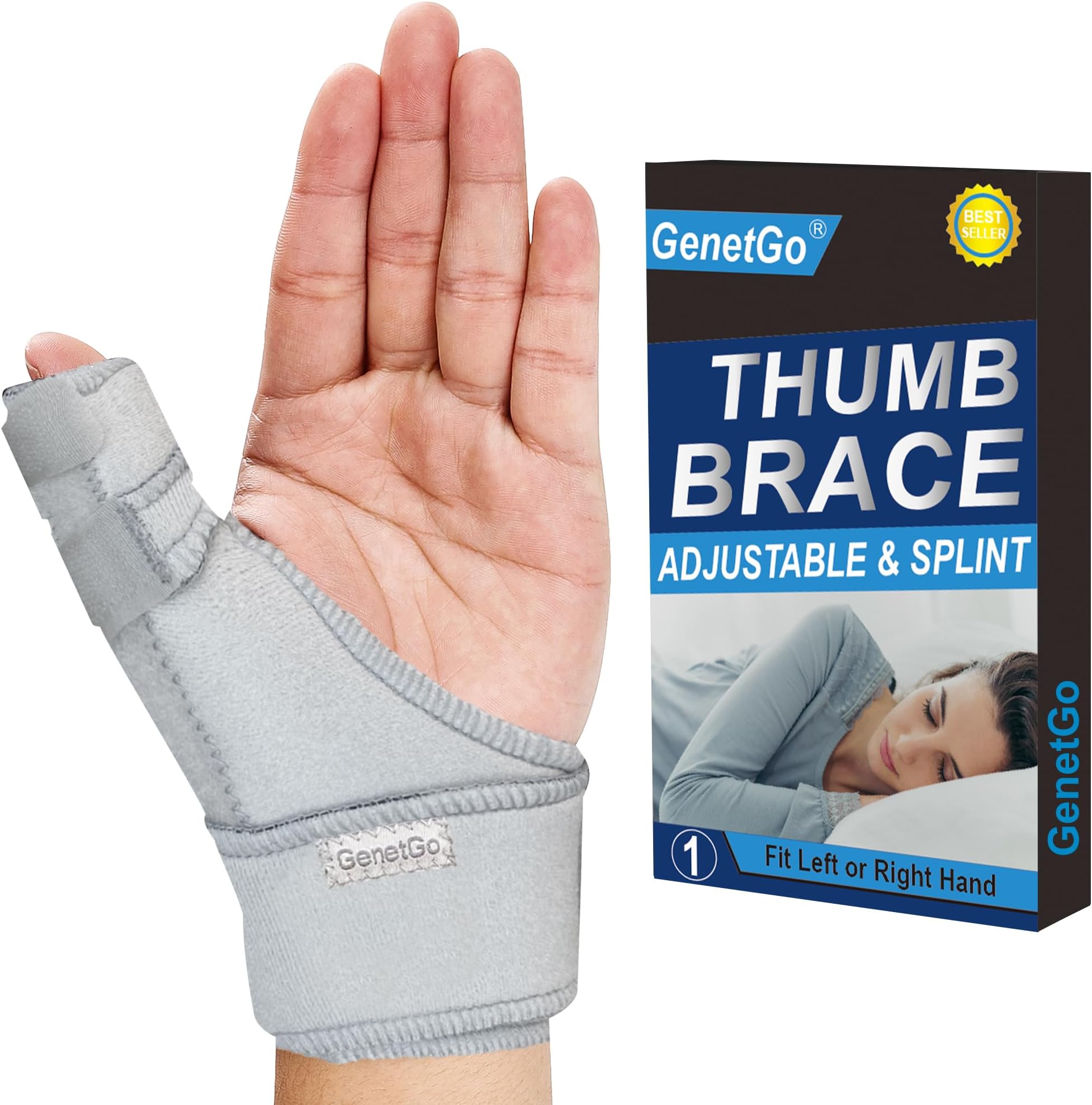 GenetGo Trigger Thumb Splint - Thumb Spica Support Brace Stabilizer for Pain, Sprains, Arthritis, Tendonitis (Right Hand or Left Hand) (Grey)